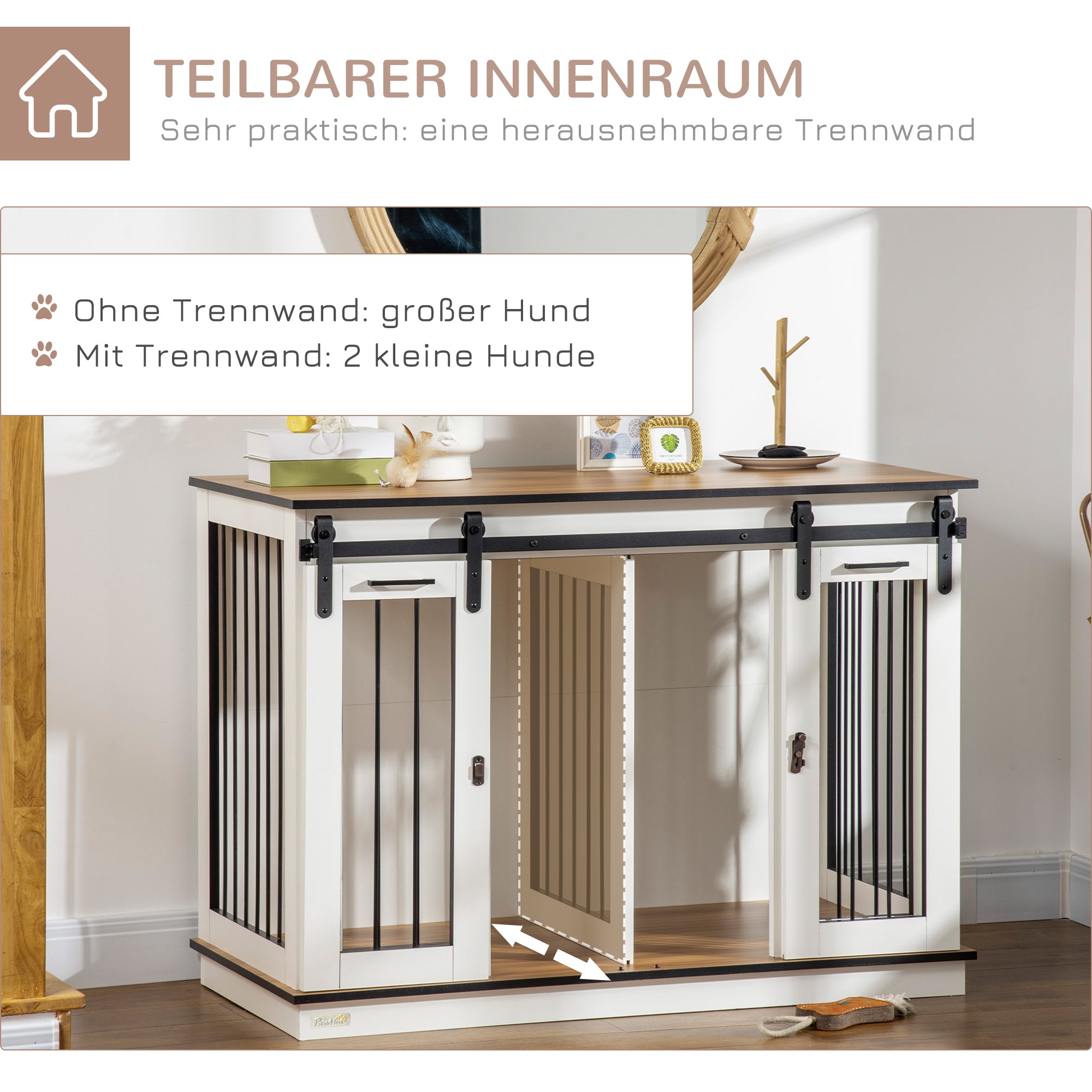 PawHut Hundekäfig mit 2 Türen, Hundebox, Transportbox für Hunde, rustikales Design, verriegelbar, Weiß