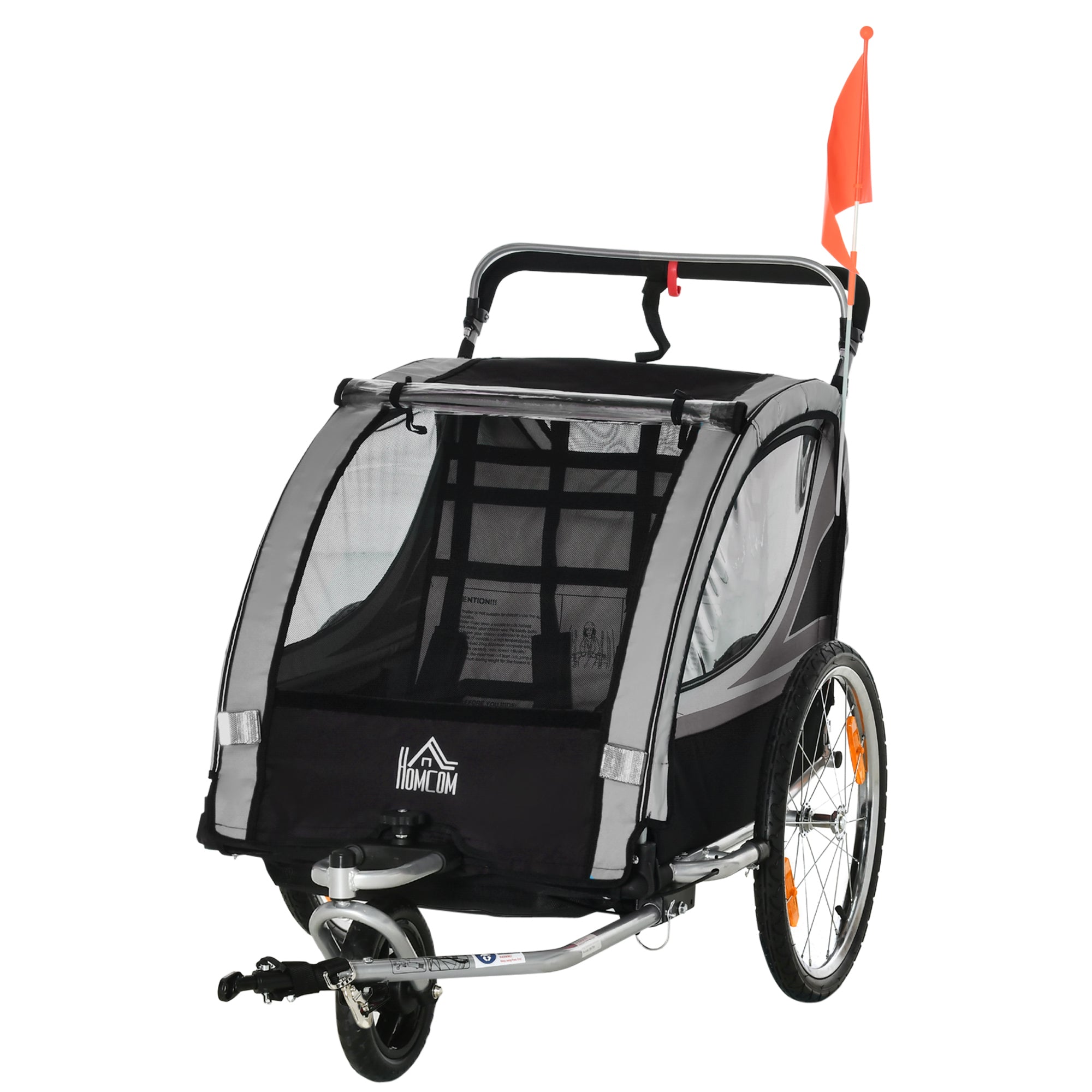 HOMCOM Kinderfahrradanhänger, Schiebewagen, mit Bremsen, klappbar, für 2 Kinder, Grau/Schwarz