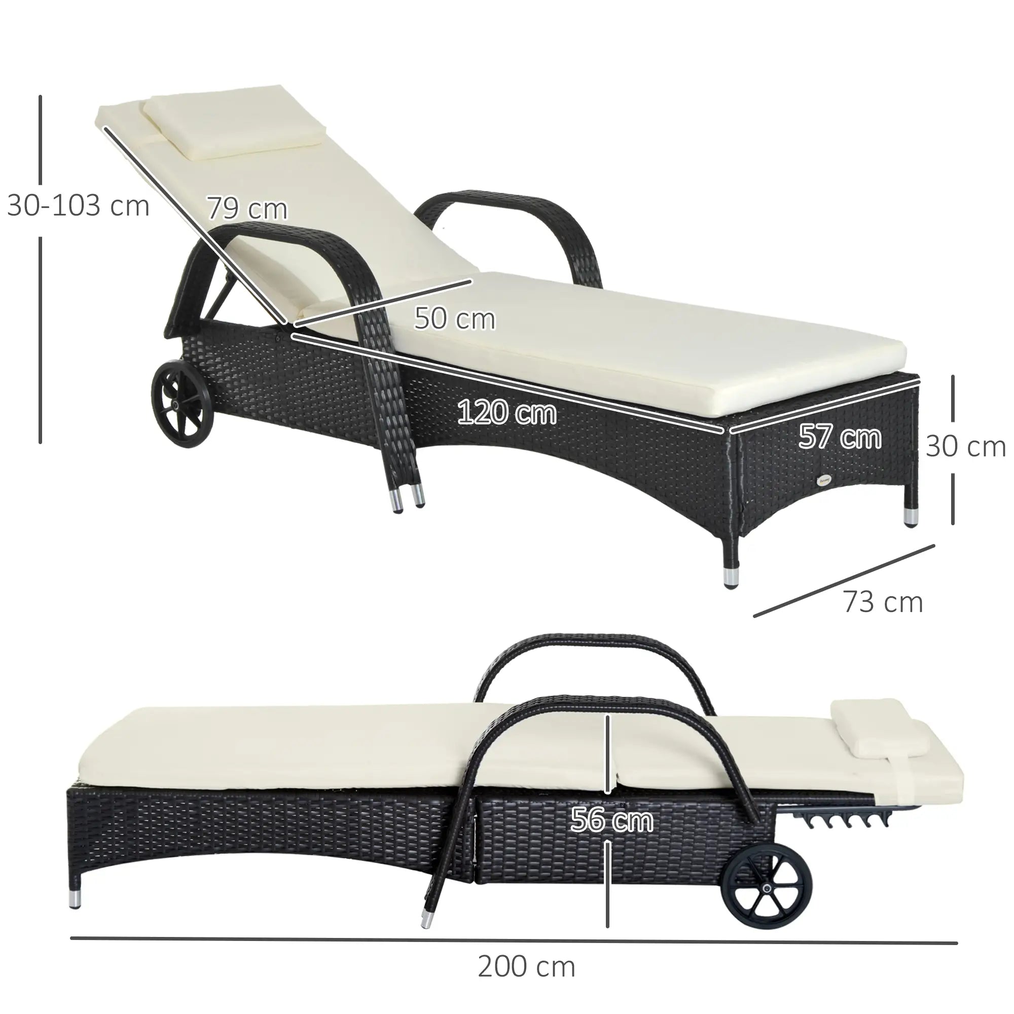 Outsunny Gartenliege Polyrattan mit Rollen 5-fach verstellbar
