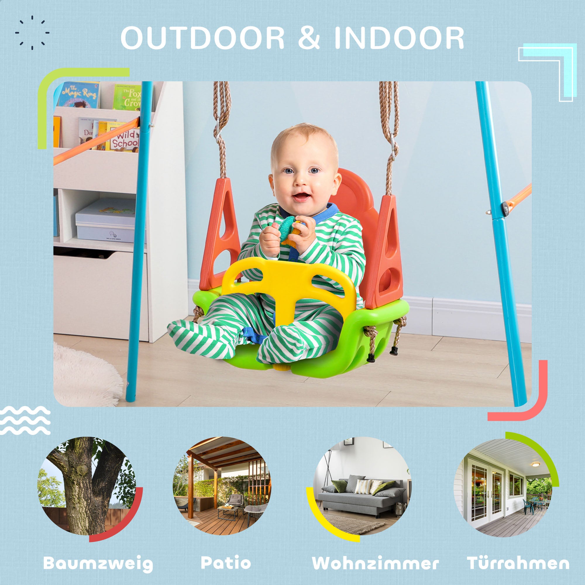Outsunny 3-in-1 Babyschaukel, Sicherheitsgurt, längenverstellbare Seile, für In- und Outdoor, grün, 48 x 34 x 180 cm