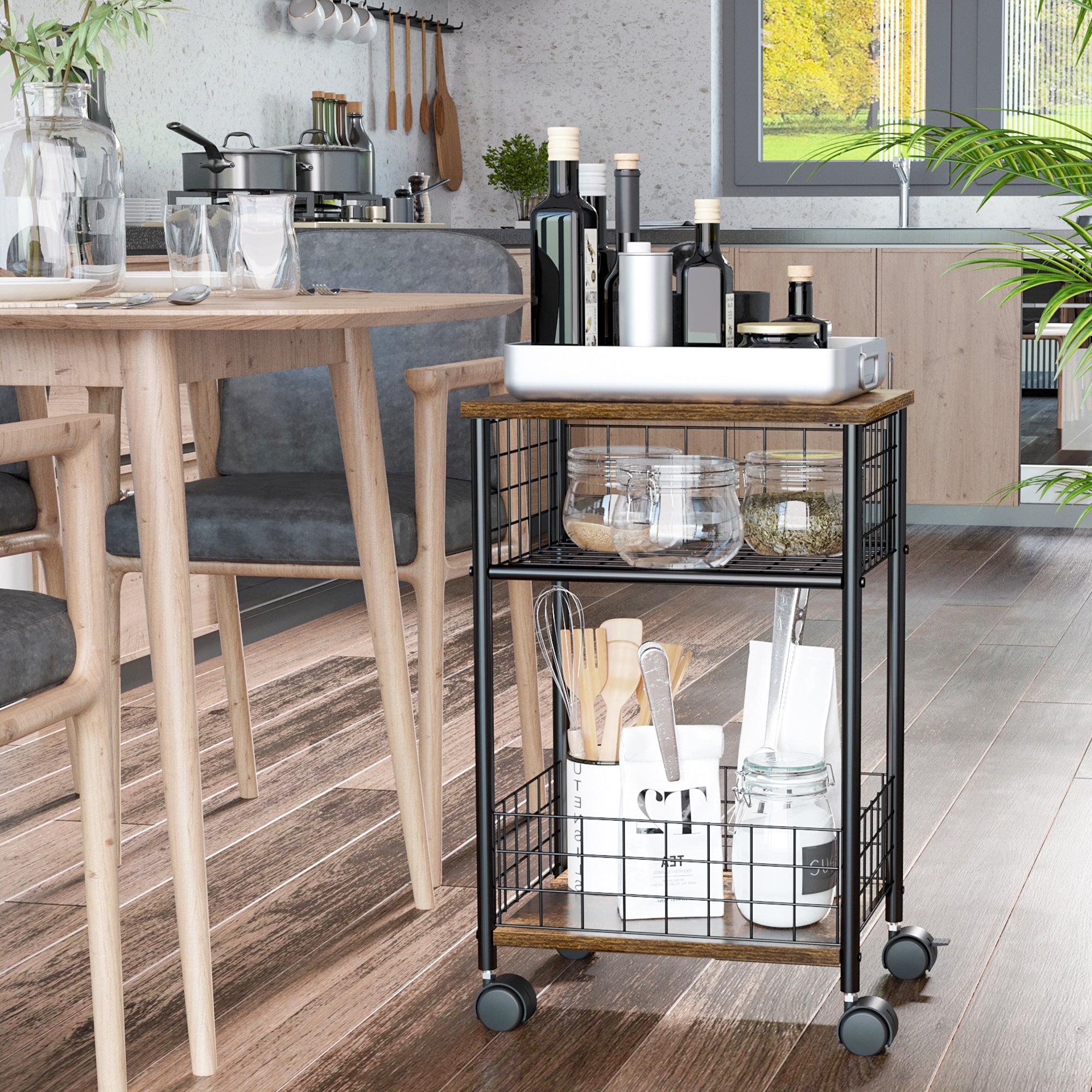 HOMCOM Küchenwagen Servierwagen Industriedesign mit Rollen Rustikal-Braun