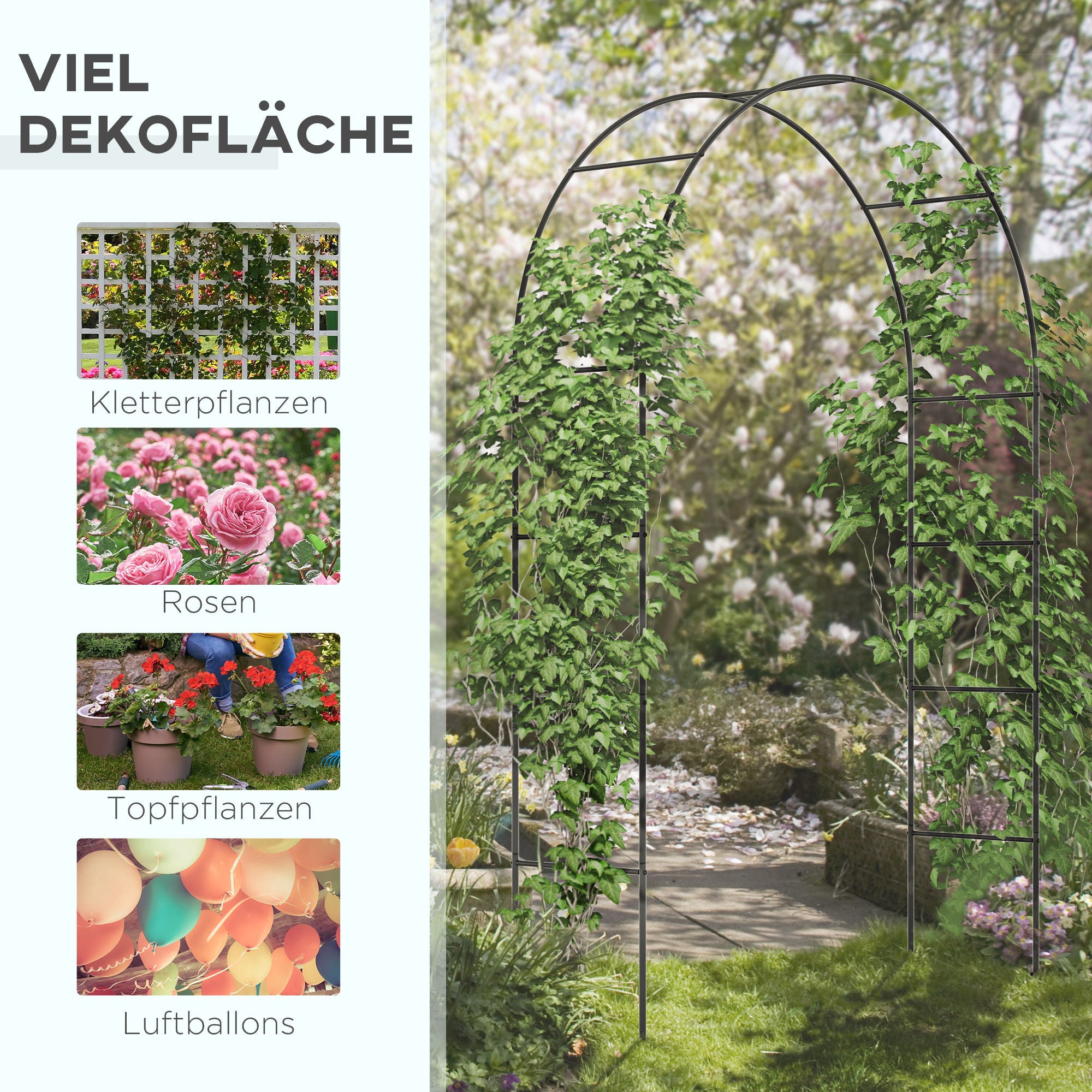 Outsunny Gartenbogen, Rosenbogen, Rankbogen, Rosenspalier Metall, schwarz, 1,40 x 0,40 x 2,40 m