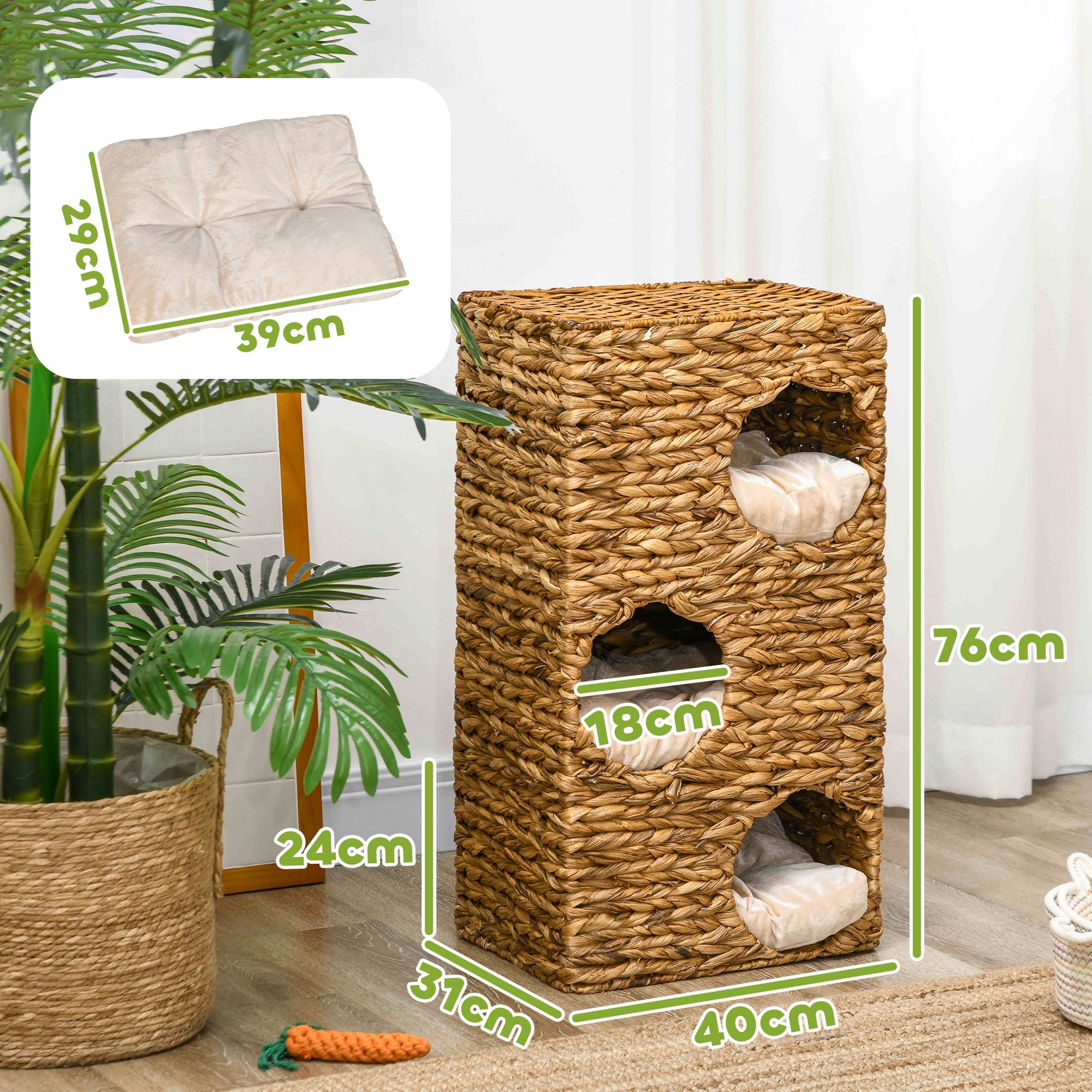 PawHut Katzenbaum mit Kratzturm, 3 Etagen, gepolsterte Kissen, Türöffnungen, Wasserhyazinthe, Hellbraun