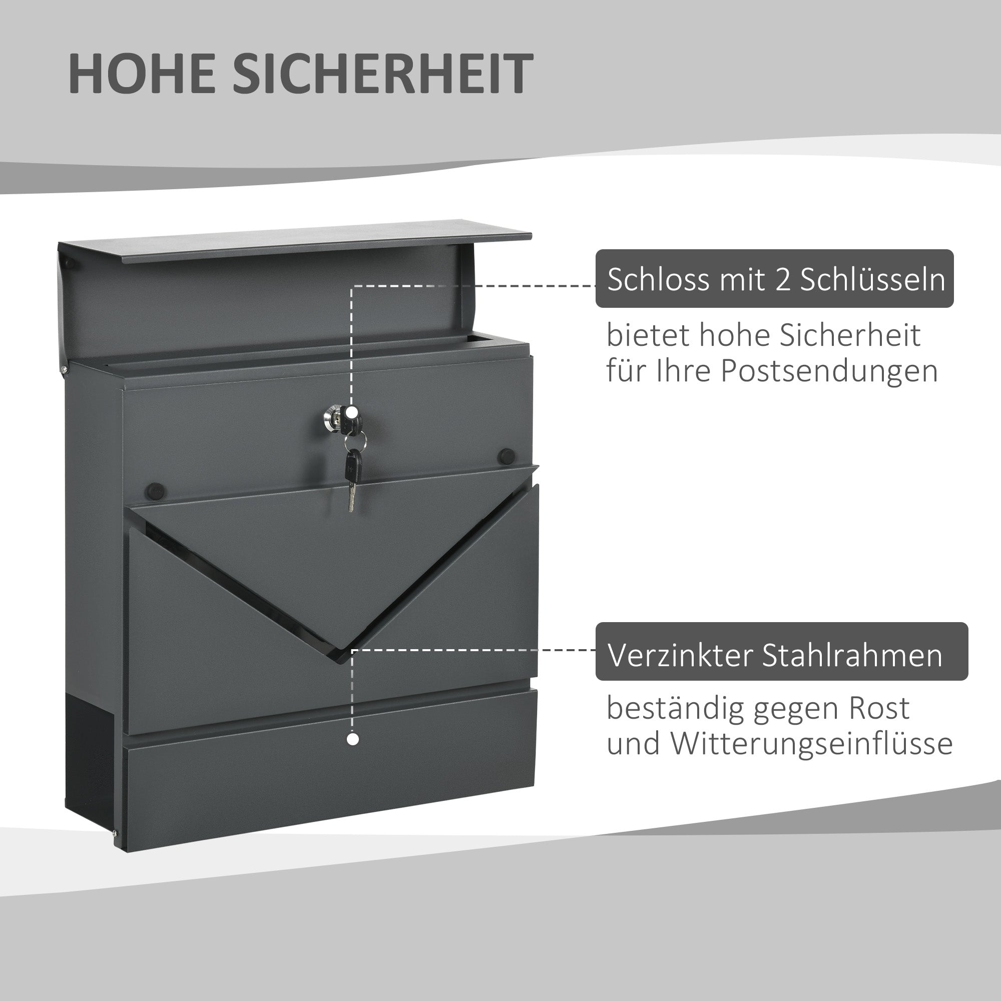 HOMCOM Briefkasten mit Deckel, 2 untere Abflusslöcher, Stahl, mit Schloss, Grau