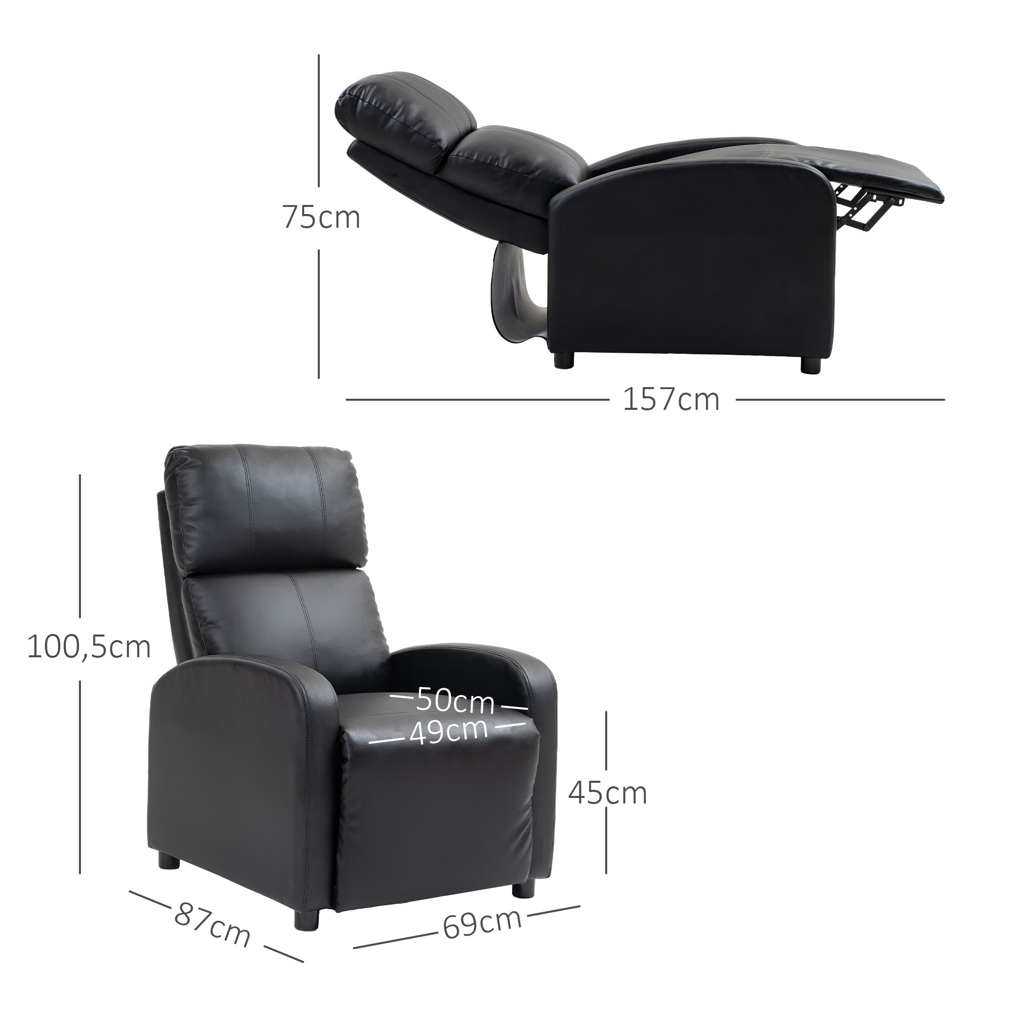 HOMCOM Relaxsessel Ruhesessel Fernsehsessel Sessel mit Liegefunktion Kunstleder (Schwarz)