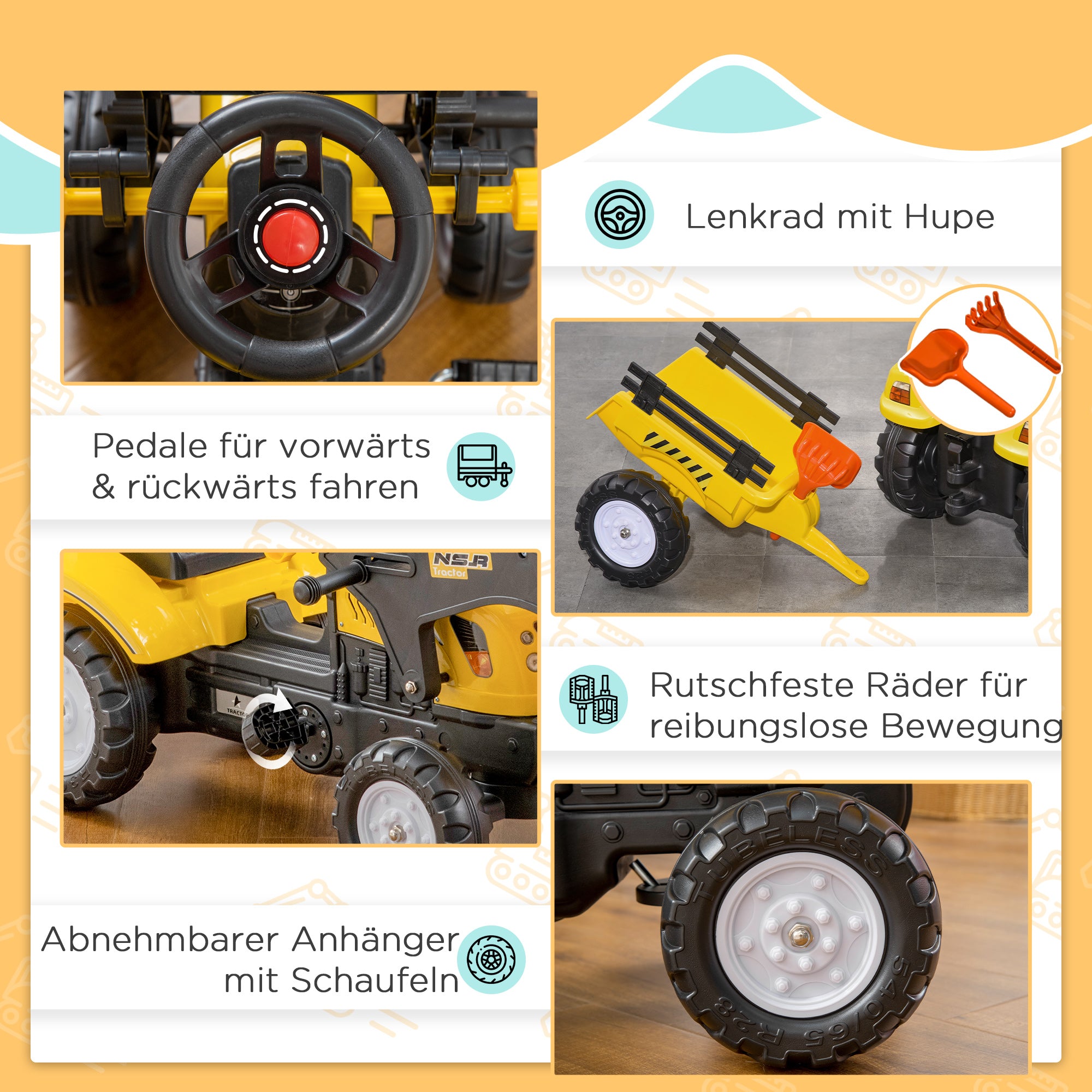 HOMCOM Kinderradlader, steuerbarer Frontlader, ab 3 Jahren, Pedalantrieb, Gelb/Schwarz