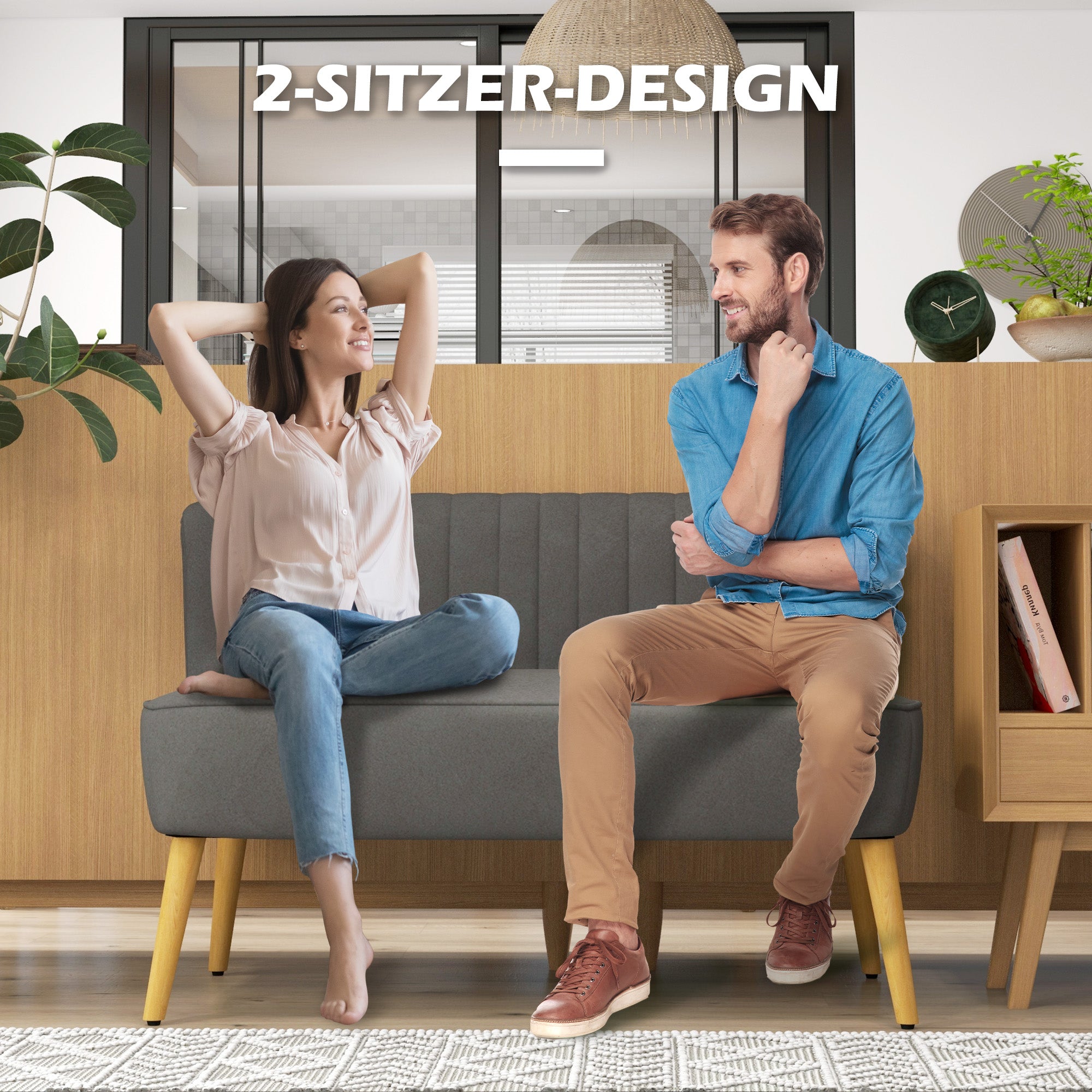 HOMCOM Sofa Retrodesign 2-Sitzer-Sofa, Holzbeine, 117 cm x 56,5 cm x 77 cm, Dunkelgrau
