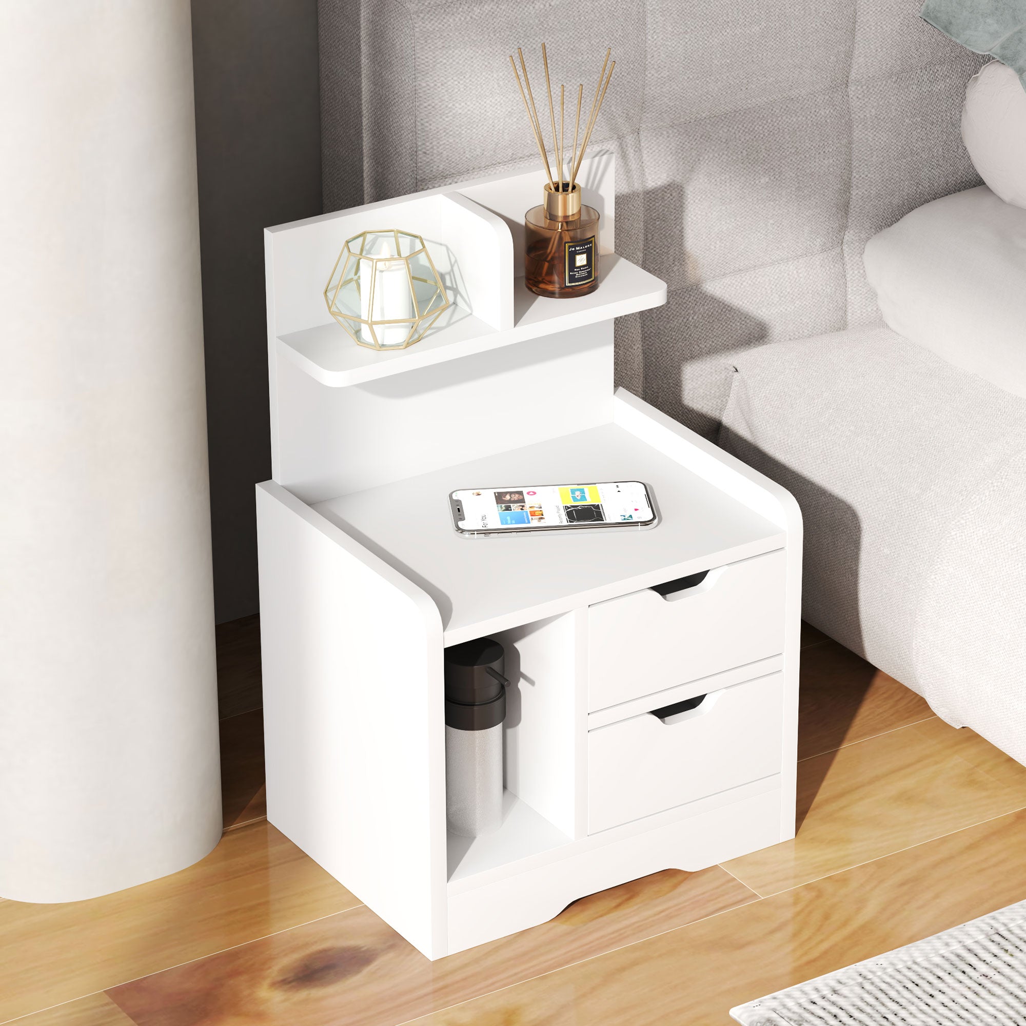 HOMCOM Nachttisch mit 2 Schubladen, offener Ablage, 40x30x60 cm, Weiß