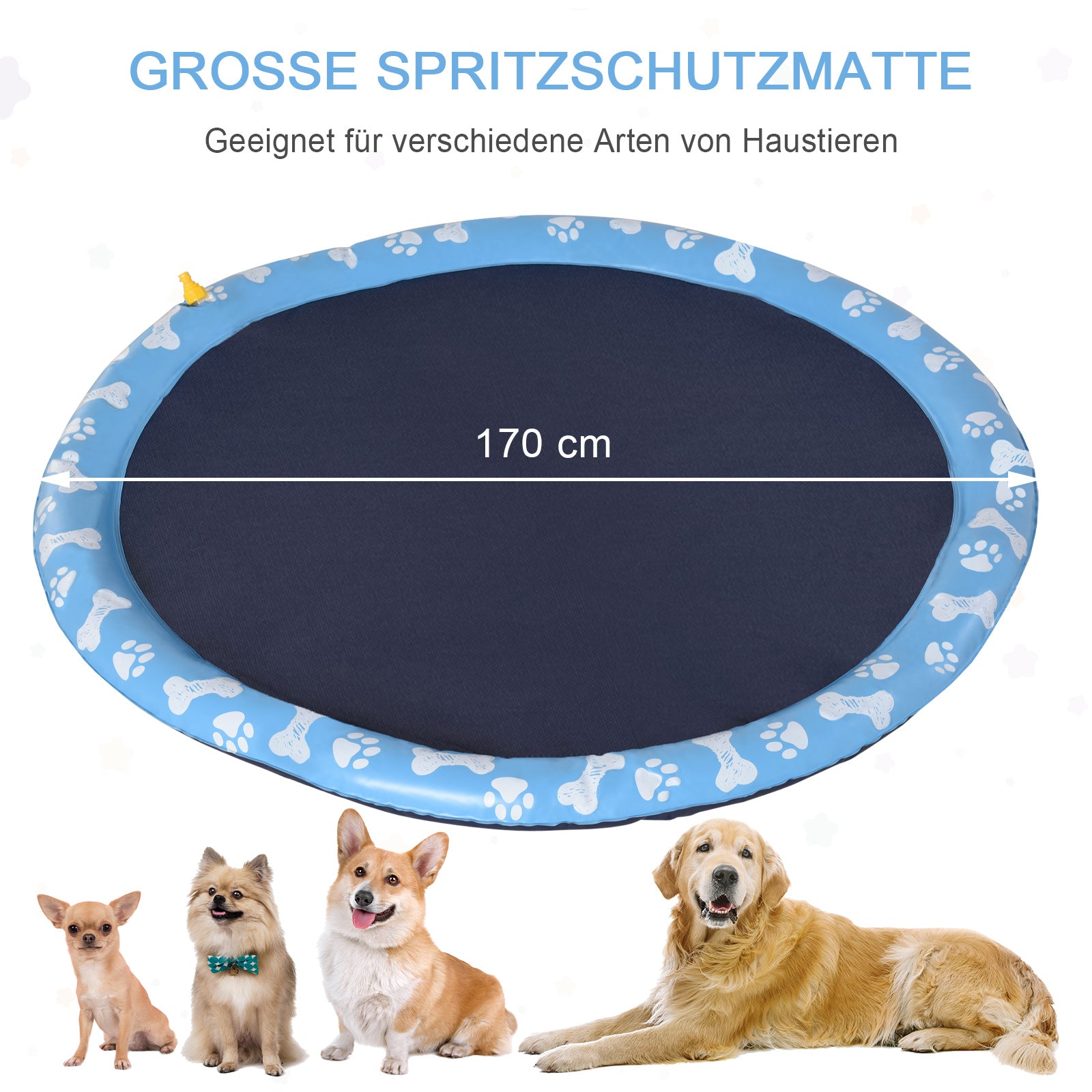 PawHut Hundepool, Planschbecken, mit Wasserdüse, rund, rutschfest, blau, Ø170 cm