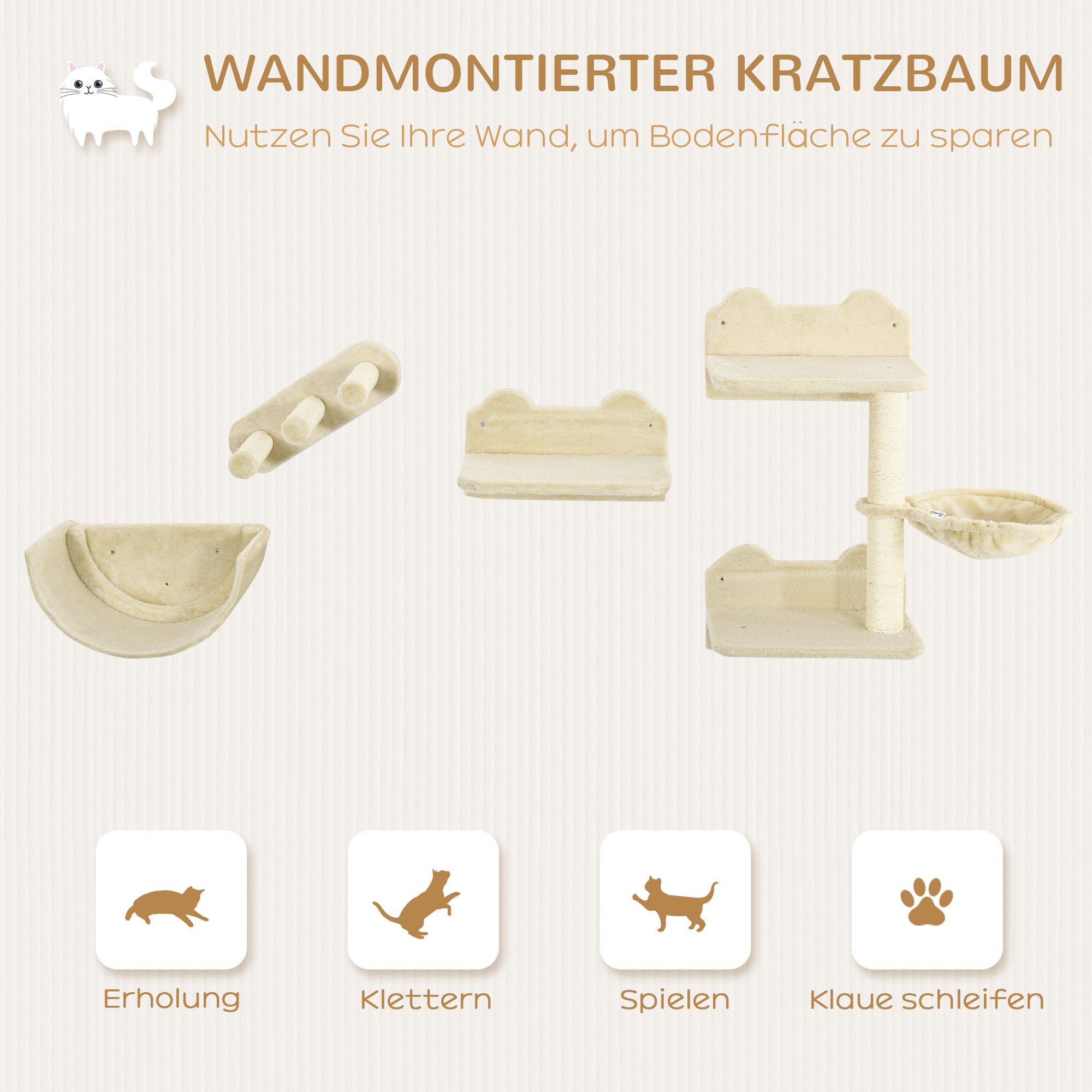 PawHut Kletterwand-Set für Katzen, 4-teilig, mit Katzentreppe, Hängematte, Plattform und Kratzbaum, Beige