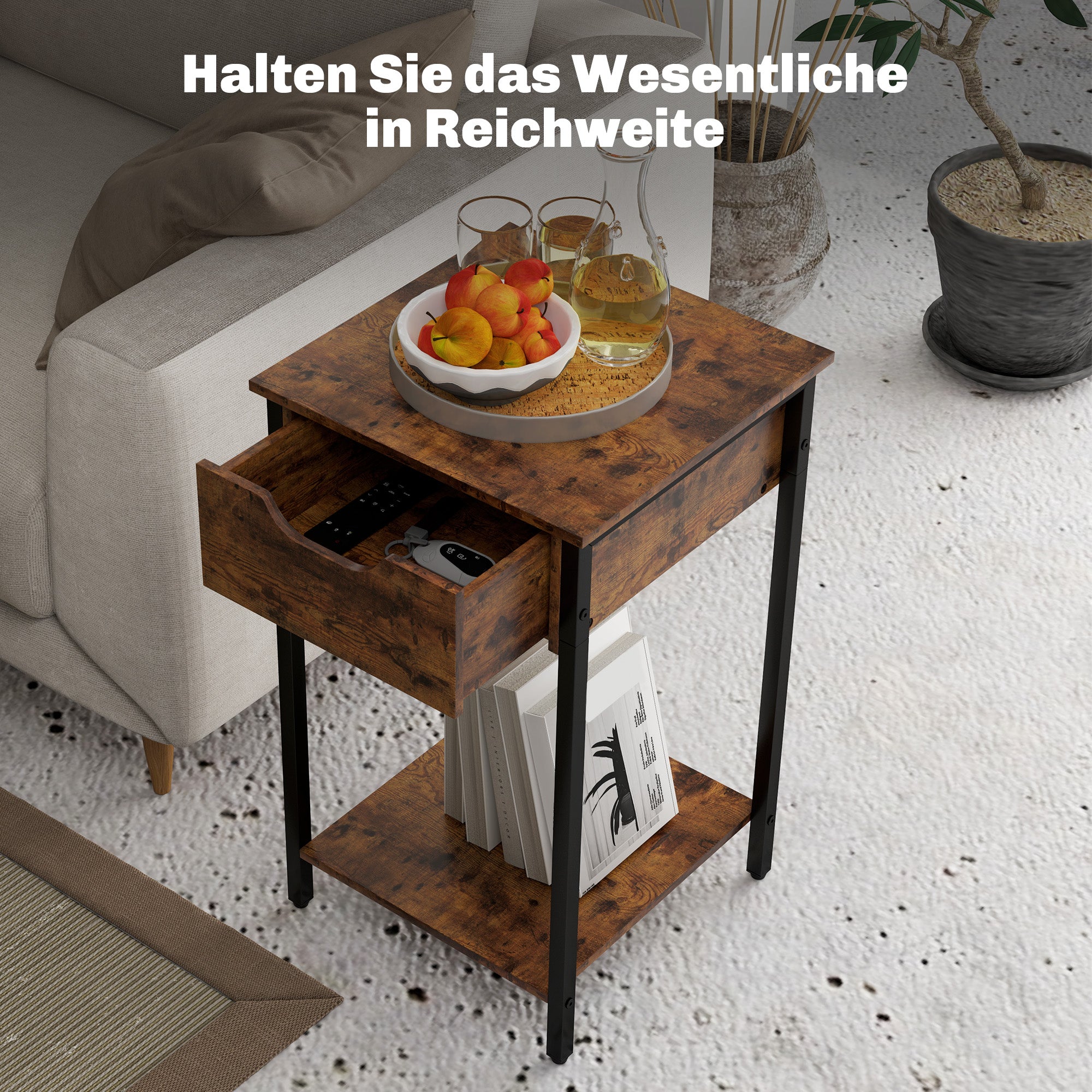 HOMCOM Beistelltisch im Industriestil, Schublade, Ablagefach, Metallrahmen, Holz, 40 x 40 x 68 cm, Braun