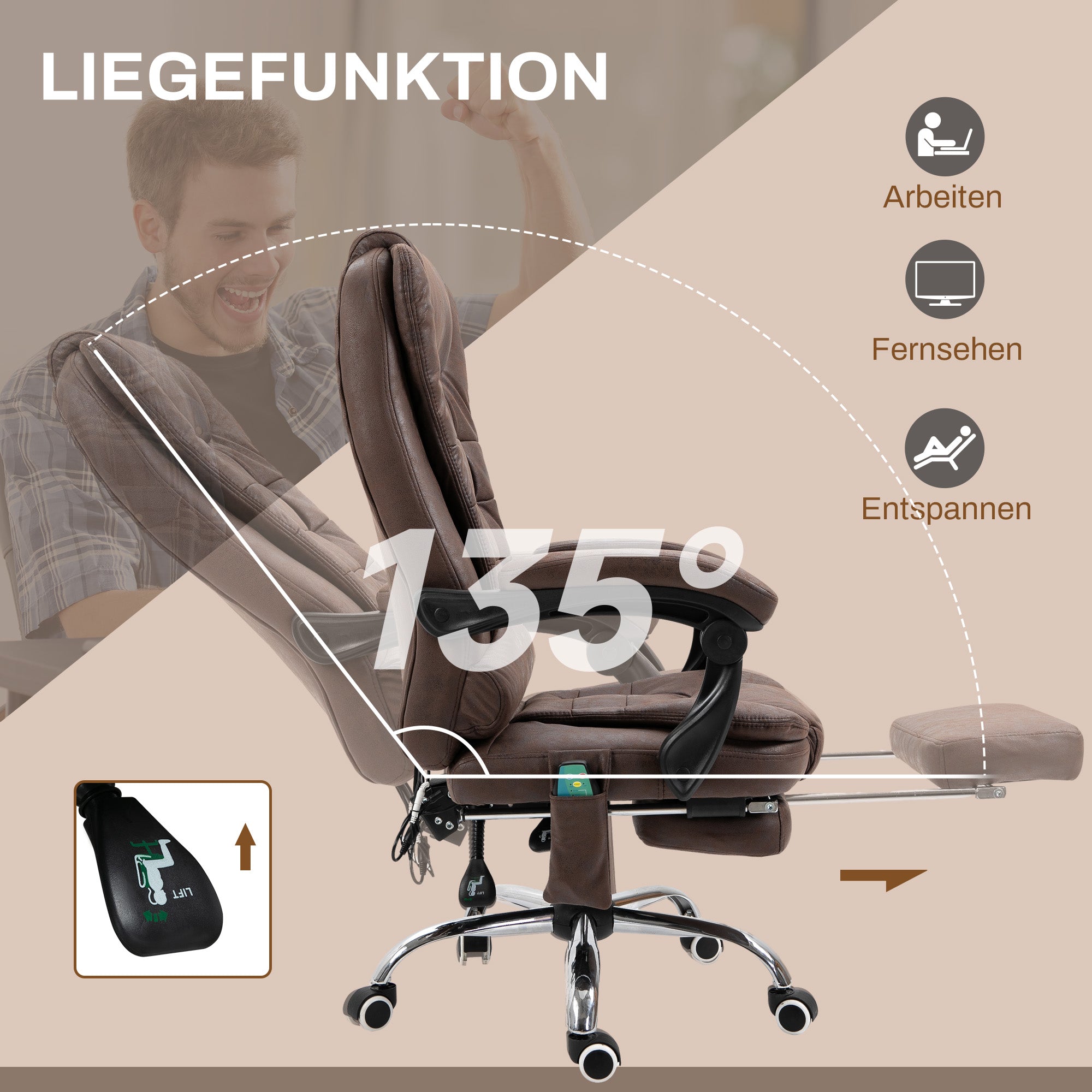 Vinsetto Massage-Bürostuhl, Liege- & Wärmefunktion, drehbar, ergonomisch, bis 120 kg, Braun