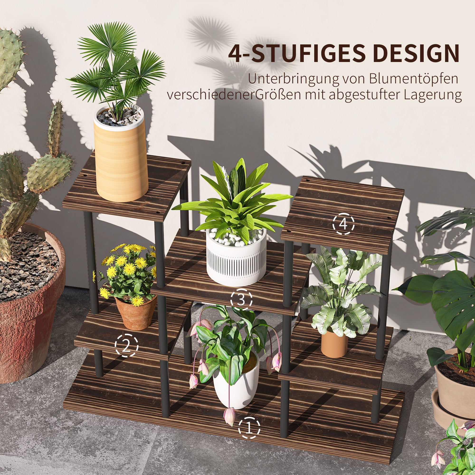 Outsunny Blumenständer mit 4 Ebenen, 4-stufiger Pflanzenständer, Blumentopfhalter für drinnen und draußen, Holz, Stahl