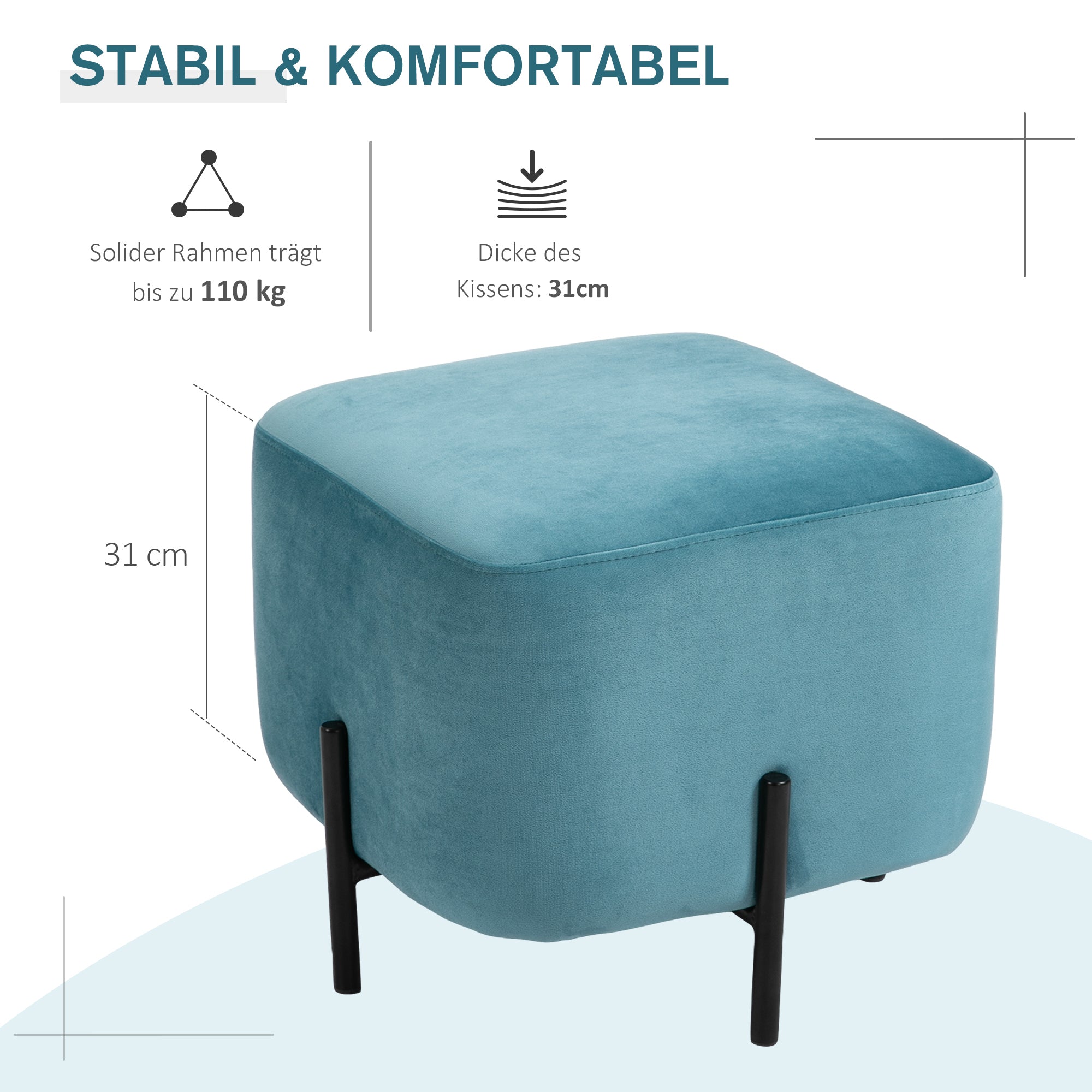 HOMCOM Fußhocker Fußstütze gepolstert Polyester Stahl Schaumstoff Türkis 44,5 x 44,5 x 41,5 cm