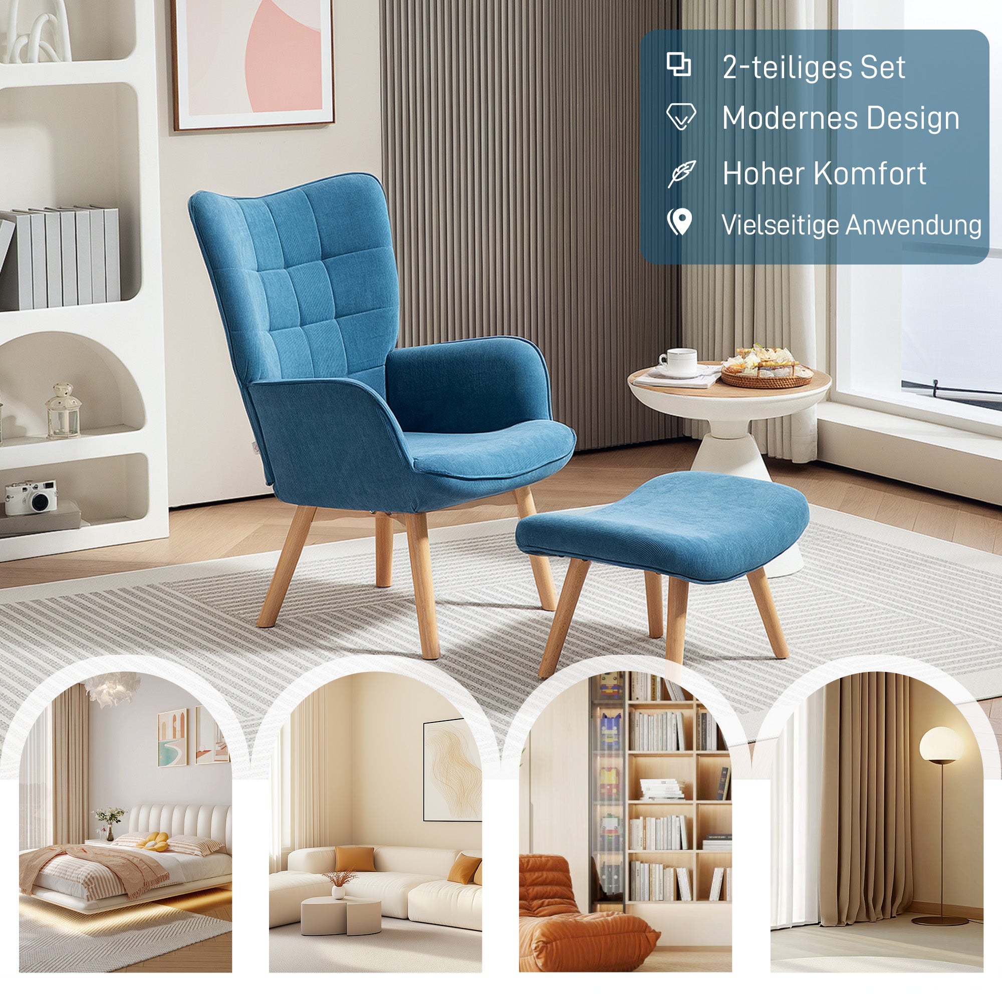 HOMCOM Akzentsessel mit Hocker, Relaxsessel in Cord-Optik, Armlehnstuhl mit Holzbeinen, für Wohnzimmer, Blau