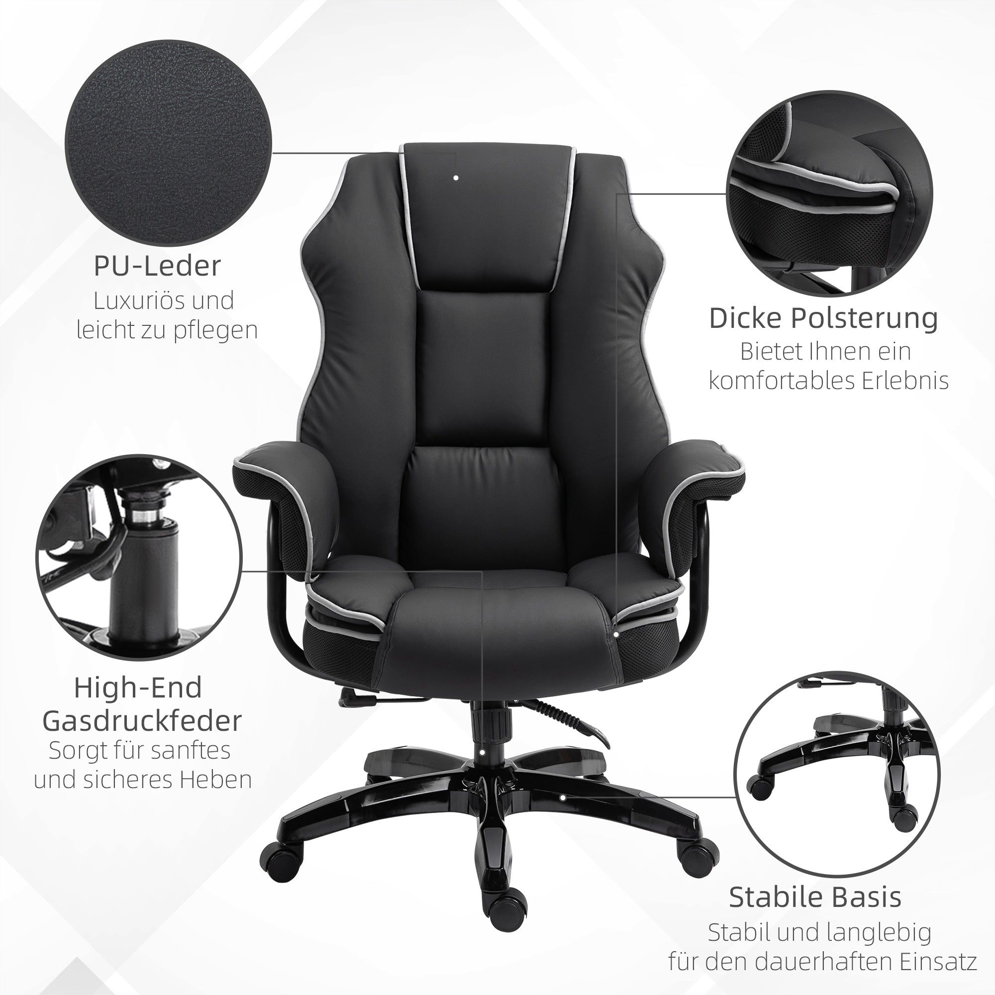 Vinsetto Bürostuhl, Ergonomisch Schreibtischstuhl mit Liegefunktion, Drehfunktion, Höhenverstellbar Computerstuhl für Home-Office, Kunstleder, Schwarz