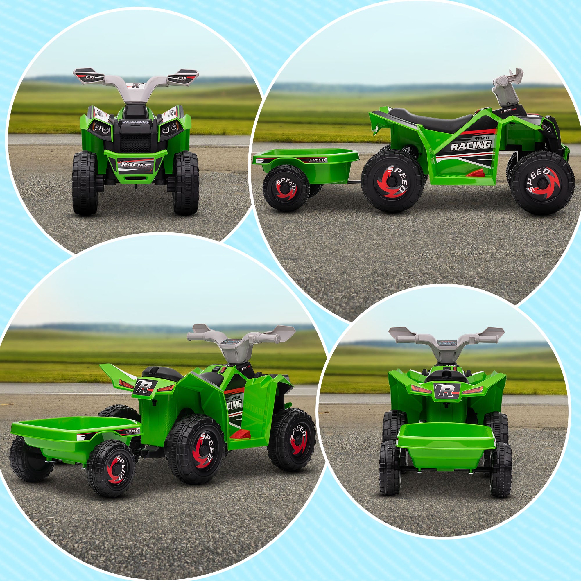 HOMCOM Kinderquad, aufladbar, 2,5 km/h, mit Anhänger, 50 Min. Fahrzeit, für Kinder 1,5 bis 3 Jahre, Grün