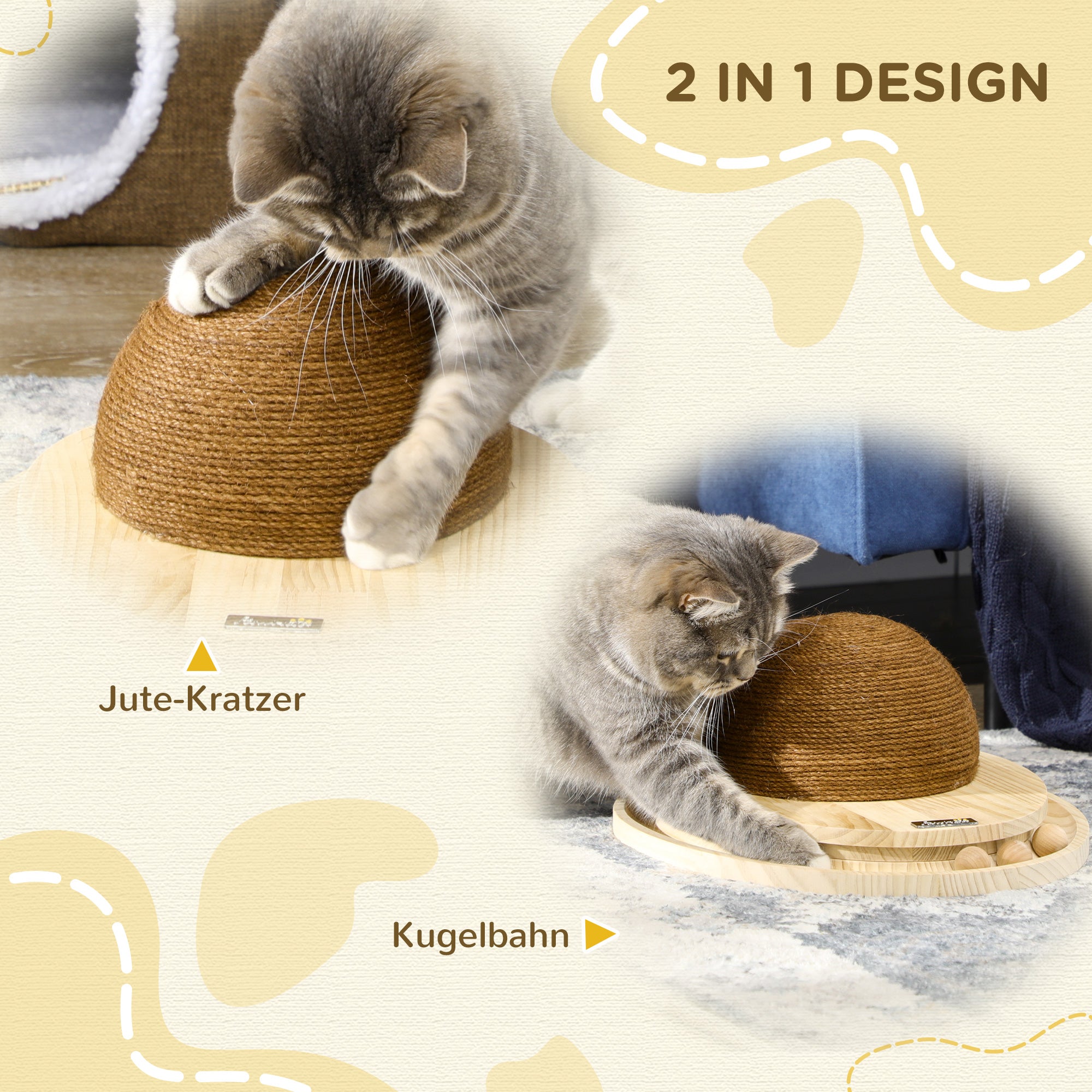 PawHut interaktives Katzenspielzeug, Kratzfläche, ovale Kugelbahn, Kiefernholz, 39,5 x 32,5 x 14,5 cm