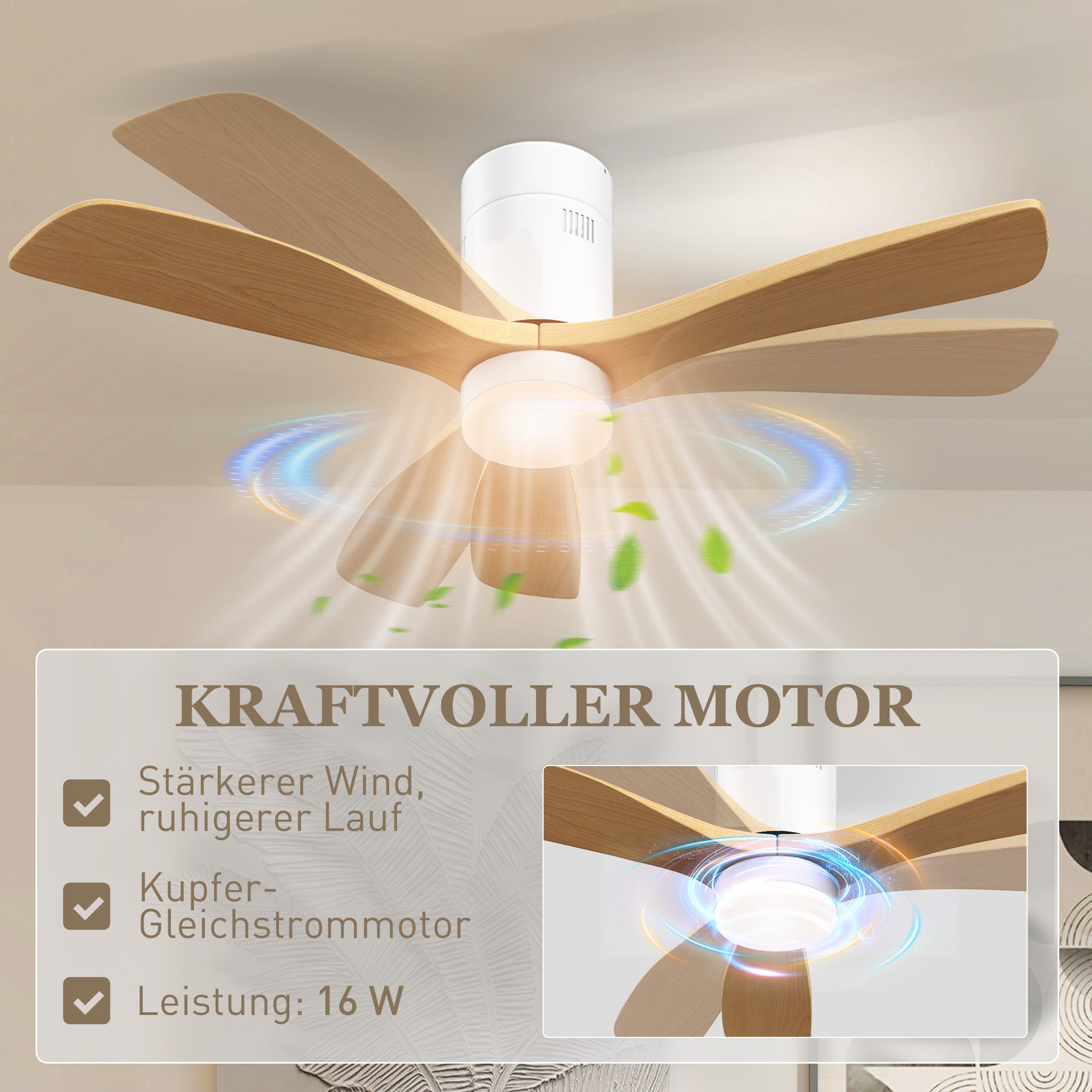 HOMCOM Deckenventilator mit LED-Licht, 6 Geschwindigkeiten, Fernbedienung, Hellbraun