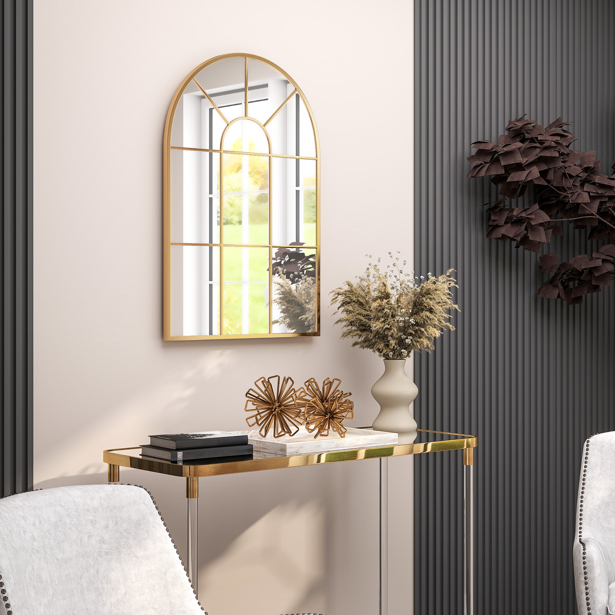 HOMCOM Wandspiegel, Fenster-Design, Flurspiegel, Metallrahmen, 91 x 60 cm, Gold