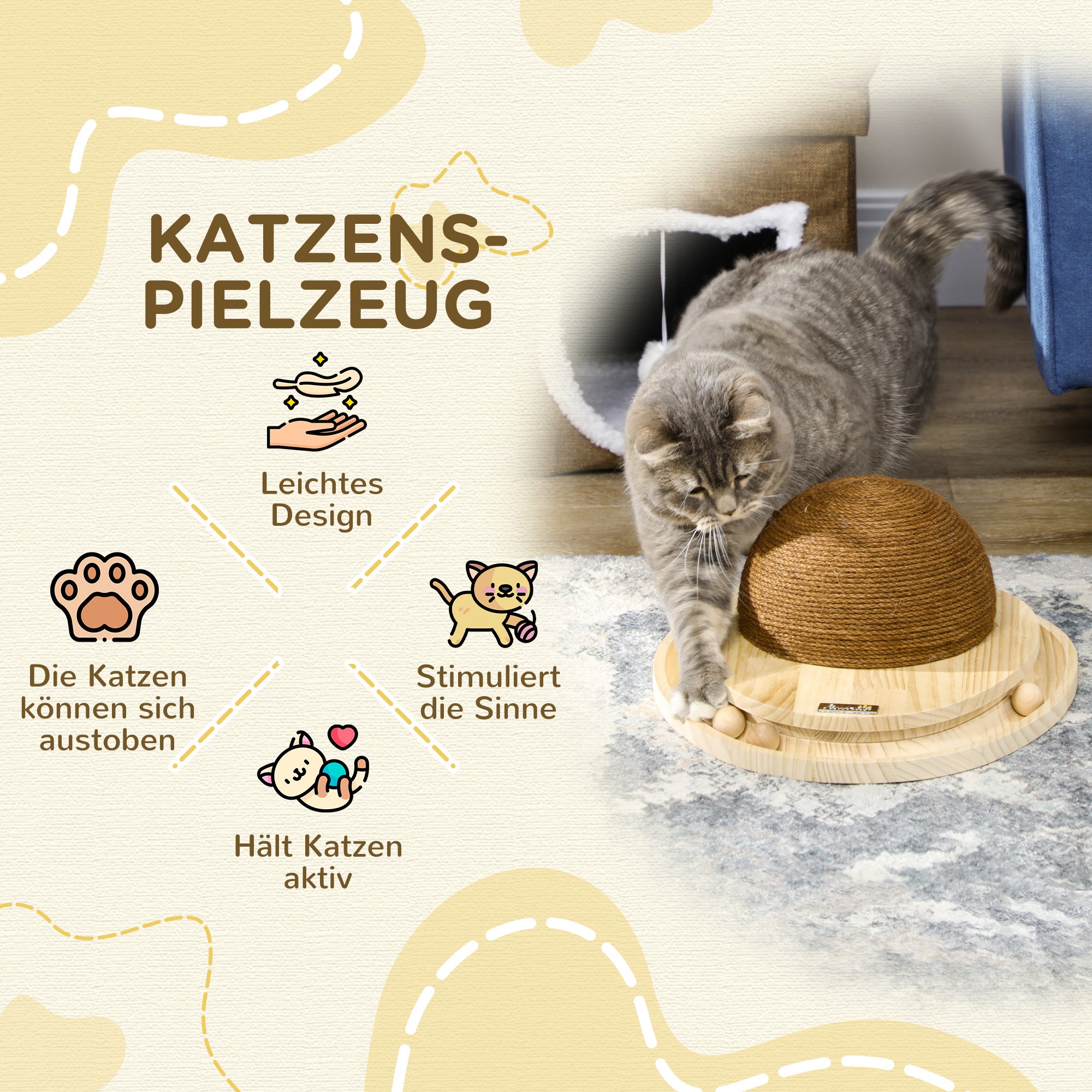 PawHut interaktives Katzenspielzeug, Kratzfläche, ovale Kugelbahn, Kiefernholz, 39,5 x 32,5 x 14,5 cm