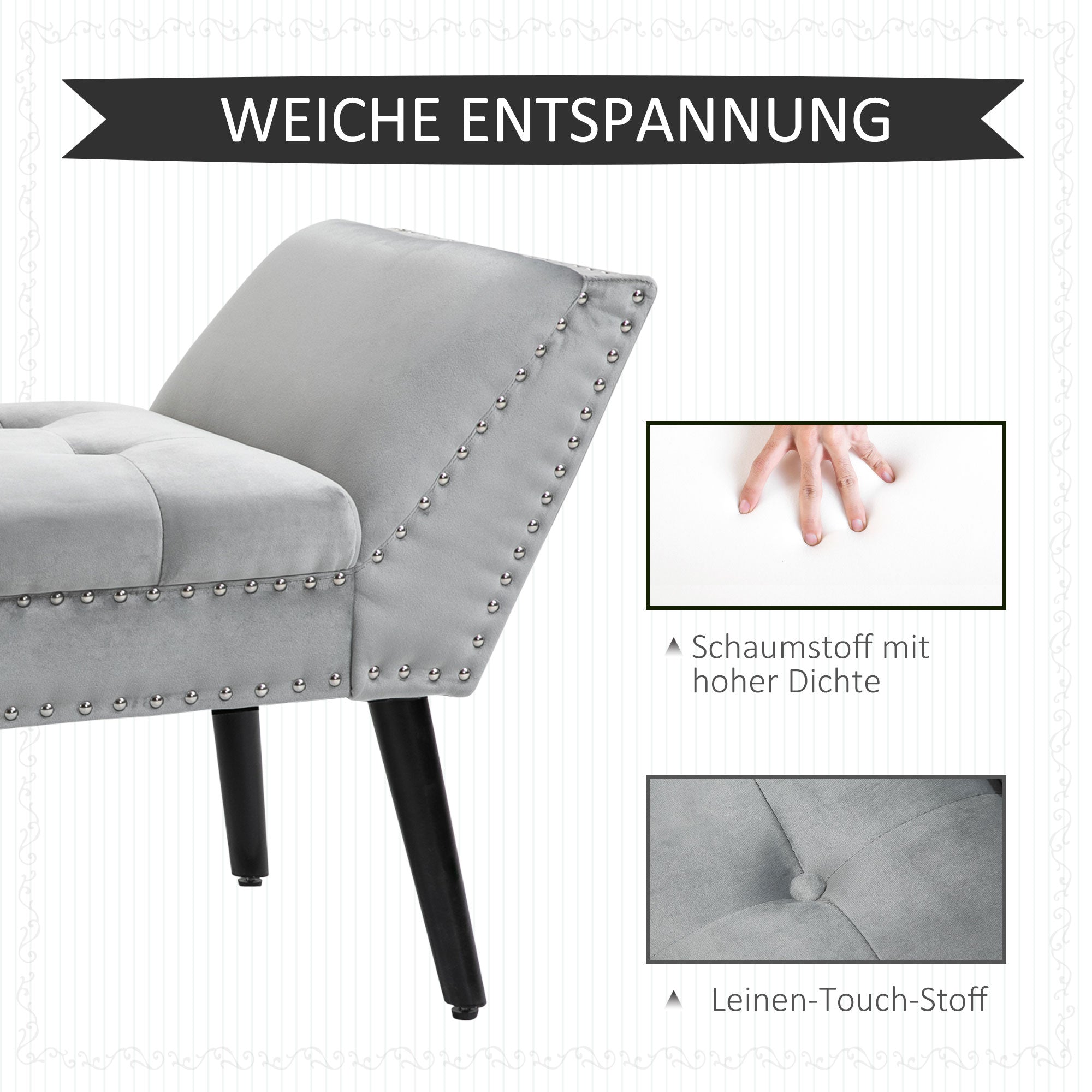 HOMCOM Polsterbank Sitzbank Klavierbank Pianobank mit Samtoptik Bettbank für Schlafzimmer Wohnzimmer, Flur, Gummiholz Hellgrau 114 x 46 x 56 cm