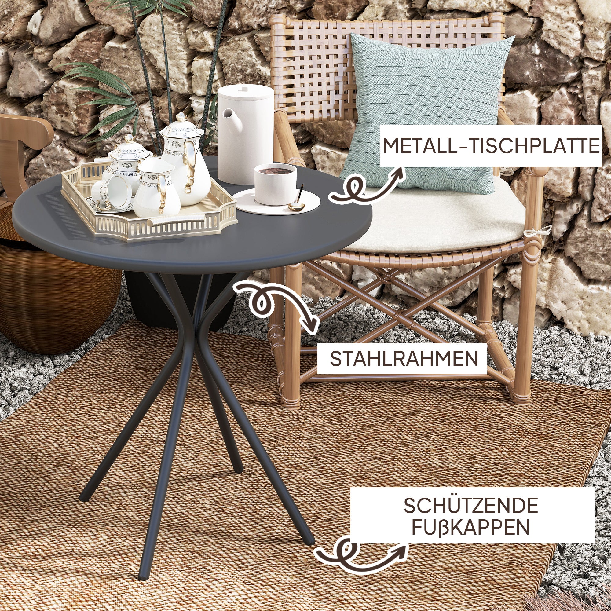 Outsunny Gartentisch Ø60 x 70 cm, Wetterfest Balkontisch aus Stahl, Runder Esstisch mit Fußpolster Schwarz