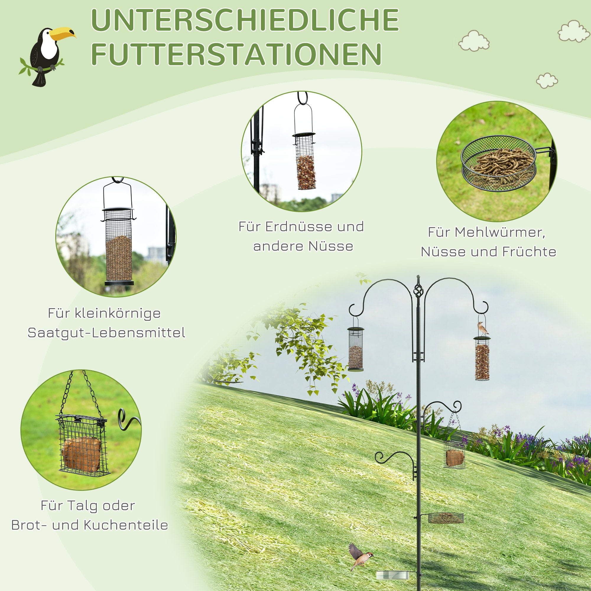PawHut Vogel Futterstation Set aus Stahl Höhe 208 cm inkl. 4 Haken Vogeltränke Futterteller Vollständiges Futtersäulen Vogelfutterspender Station Schwarz