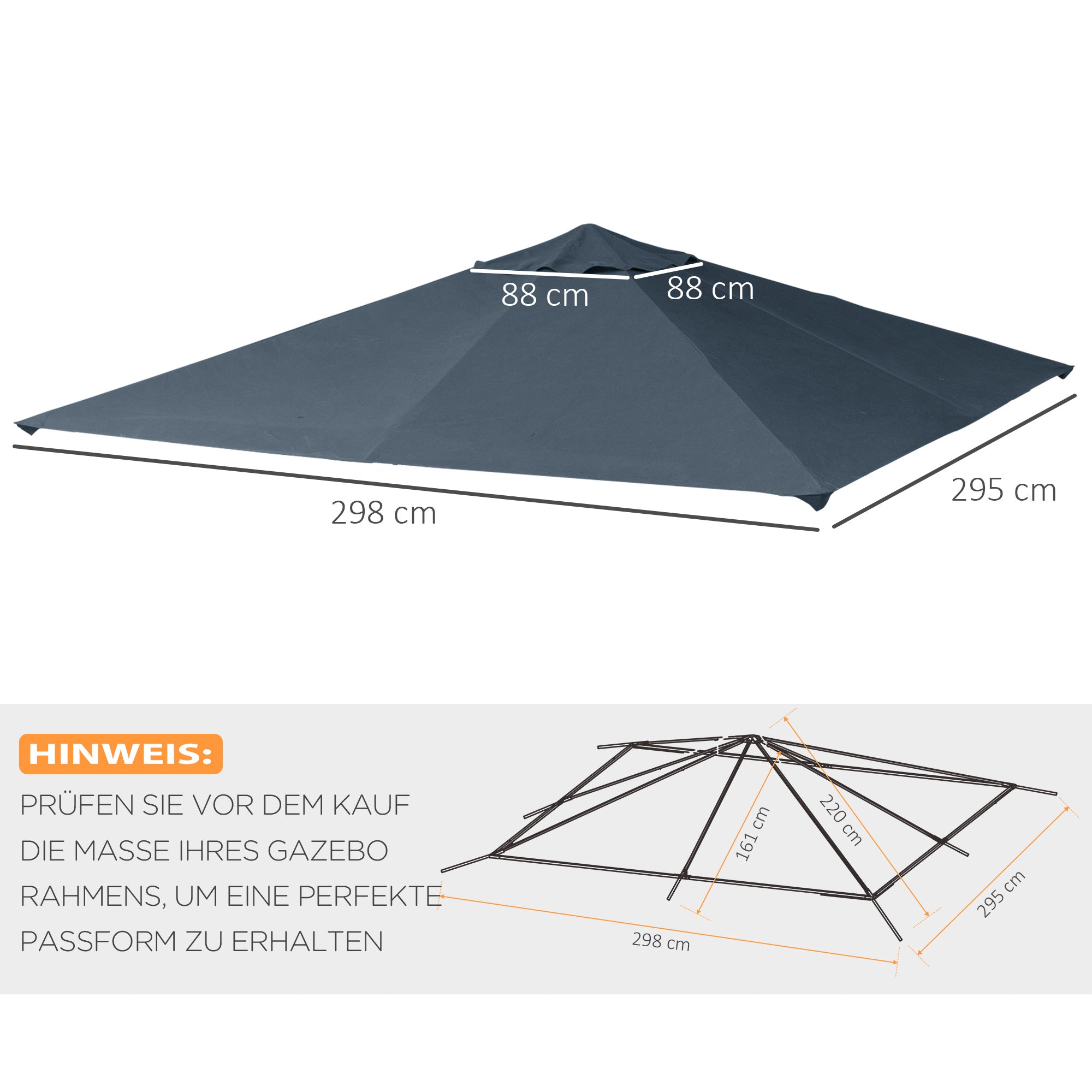 Outsunny Ersatzdach für Gartenpavillon, Polyester, 2,98 x 2,95 m, Dunkelgrau