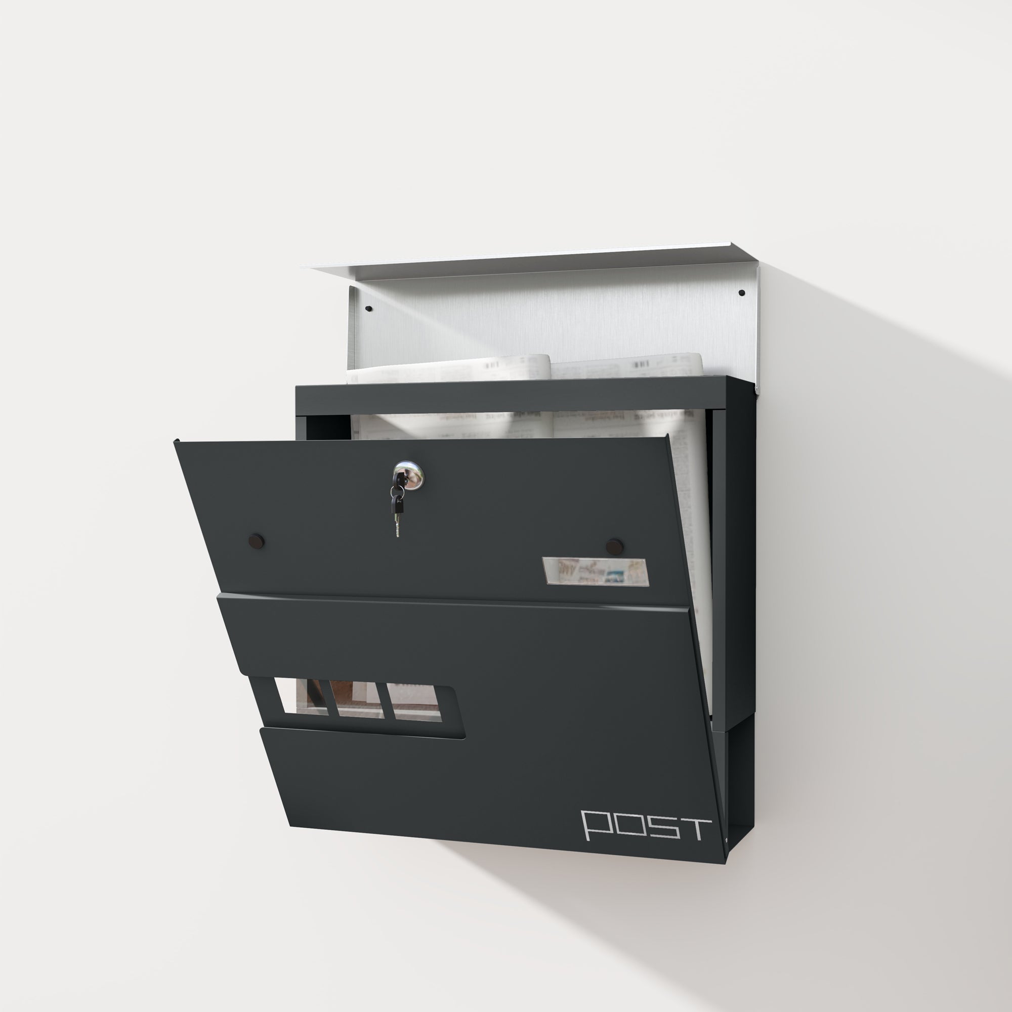 HOMCOM Briefkasten, Wandmontage, Abschließbar, Sichtfenster, Stahl, Grau