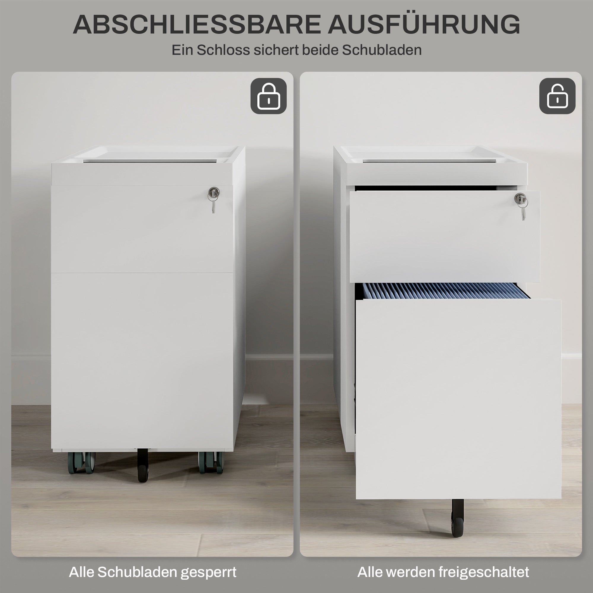 HOMCOM Aktencontainer mit Doppelschloss, Hängeregister, pulverbeschichteter Stahl, 30x50x53,5 cm, Weiß
