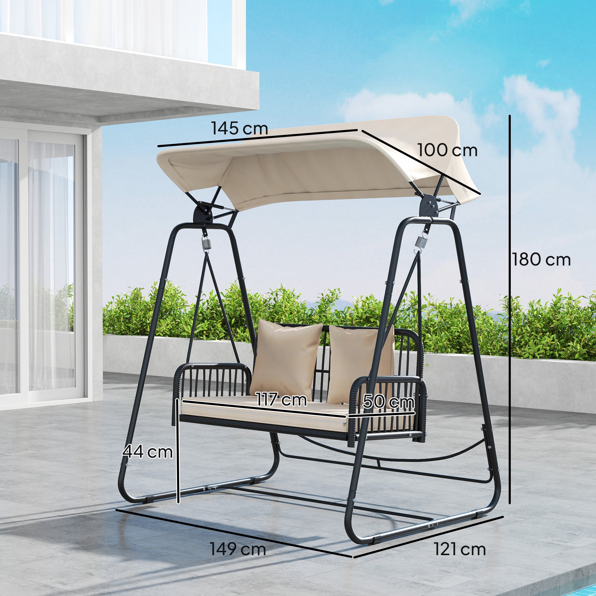 Outsunny Hollywoodschaukel Rattan 2-Sitzer Gartenschaukel mit Sonnendach Kissen bis 240 kg 149 x 121 x 180 cm Khaki