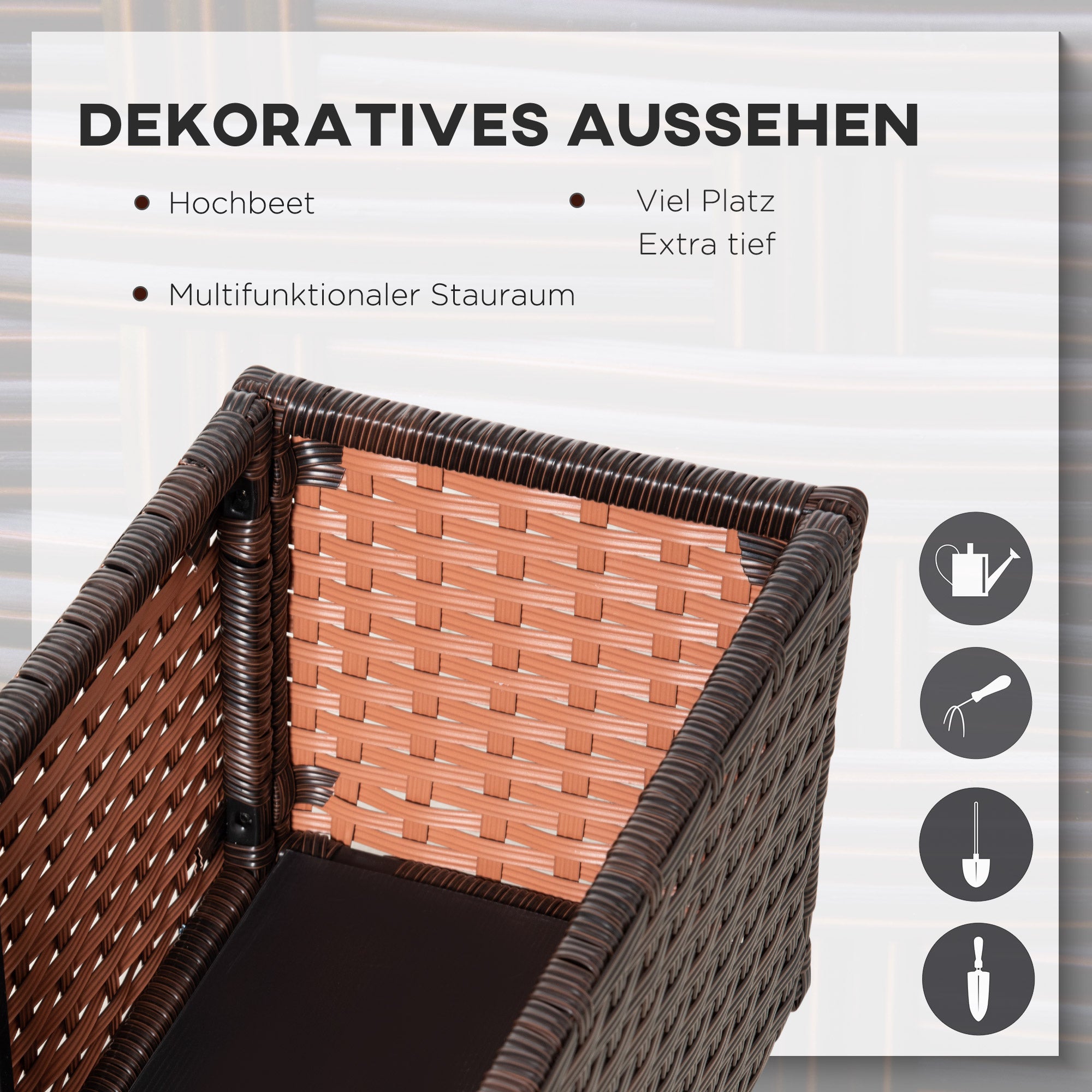 Outsunny Hochbeet Poly Rattan mit Rollen Pflanzkasten mit Abflusslöchern Blumenkasten Blumenkübel Kaffee-Braun 94,5 x 31 x 36 cm