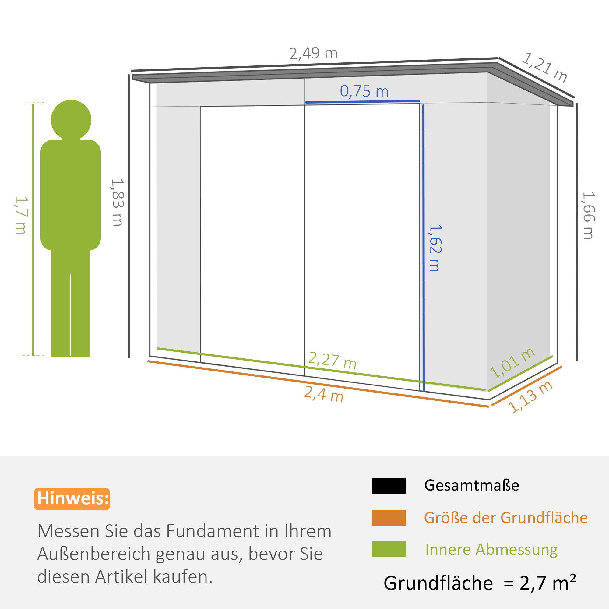 Outsunny Gerätehaus, Metall-Gartenhaus mit Pultdach, 249 x 121 x 166/183 cm, Einfache Montage, mit Doppeltüren, Grün