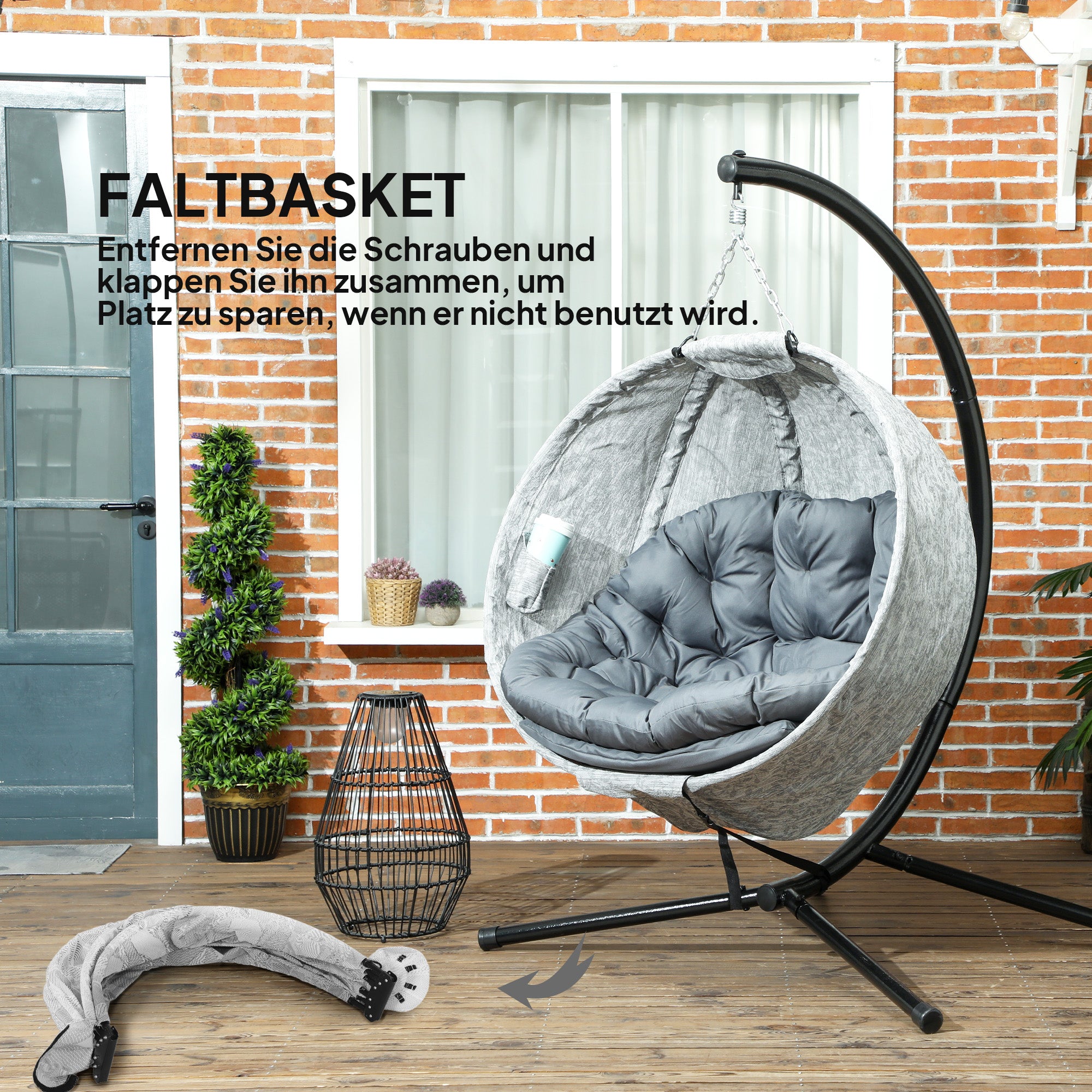 Outsunny Eiförmiger Hängekorb, Hängesessel mit Schaukelfunktion und faltbarem Korb, Gartenstuhl, Becherhalter, Grau