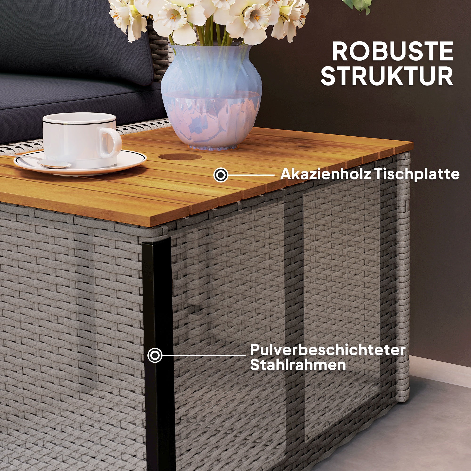 Outsunny Polyrattan Sonnenliege für 2 Personen Doppelliege mit Fußhocker Stauraum Auflagen 125x114x72,5 cm Grau