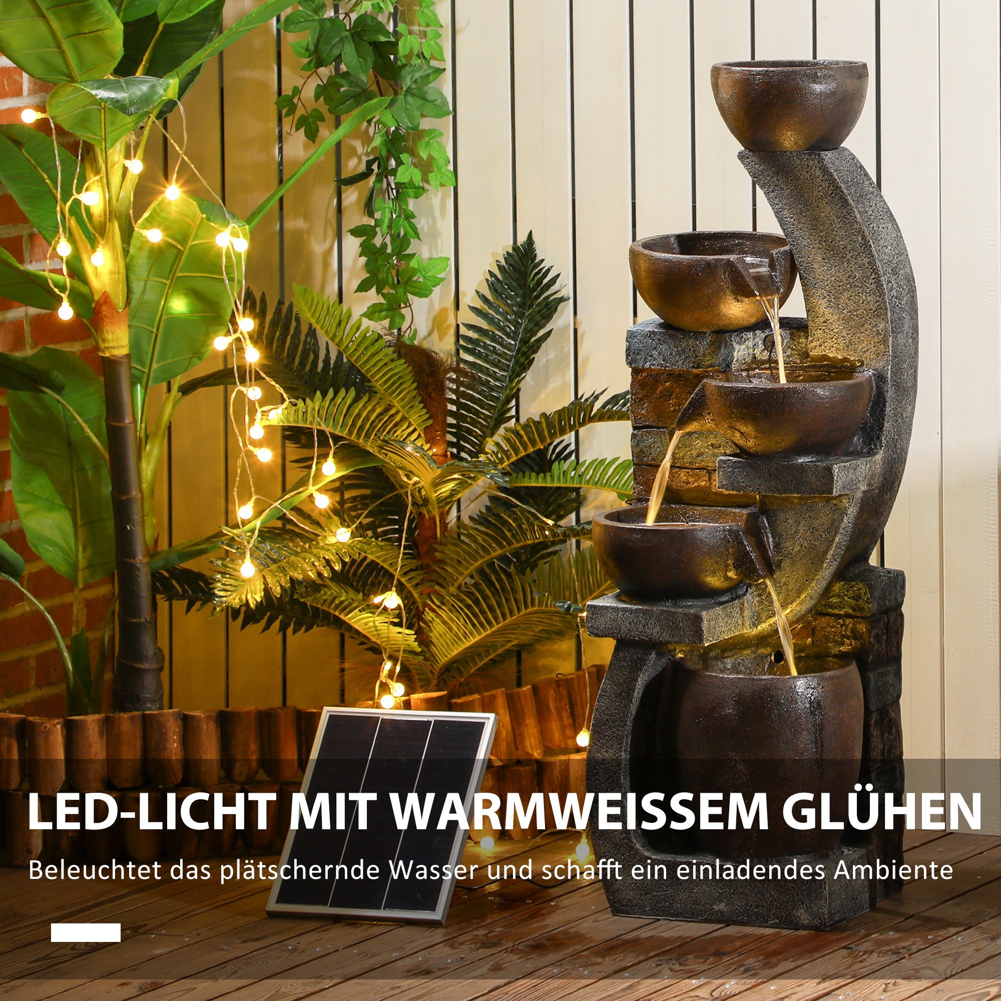 Outsunny Gartenbrunnen, Backsteinoptik, 5-stufig, Solarbetrieb, LEDs, 107cm, Kunstharz, Grau/Braun