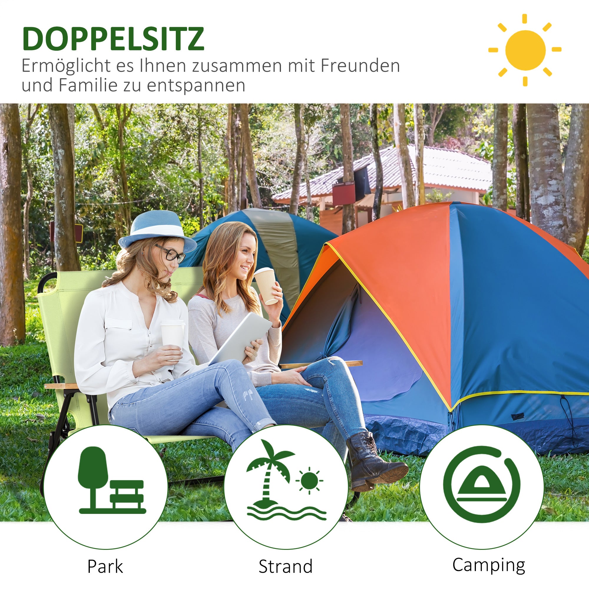 Outsunny 2-Sitzer Campingstuhl, klappbar, mit Getränkehalter, 141 x 67 x 80 cm, Grün