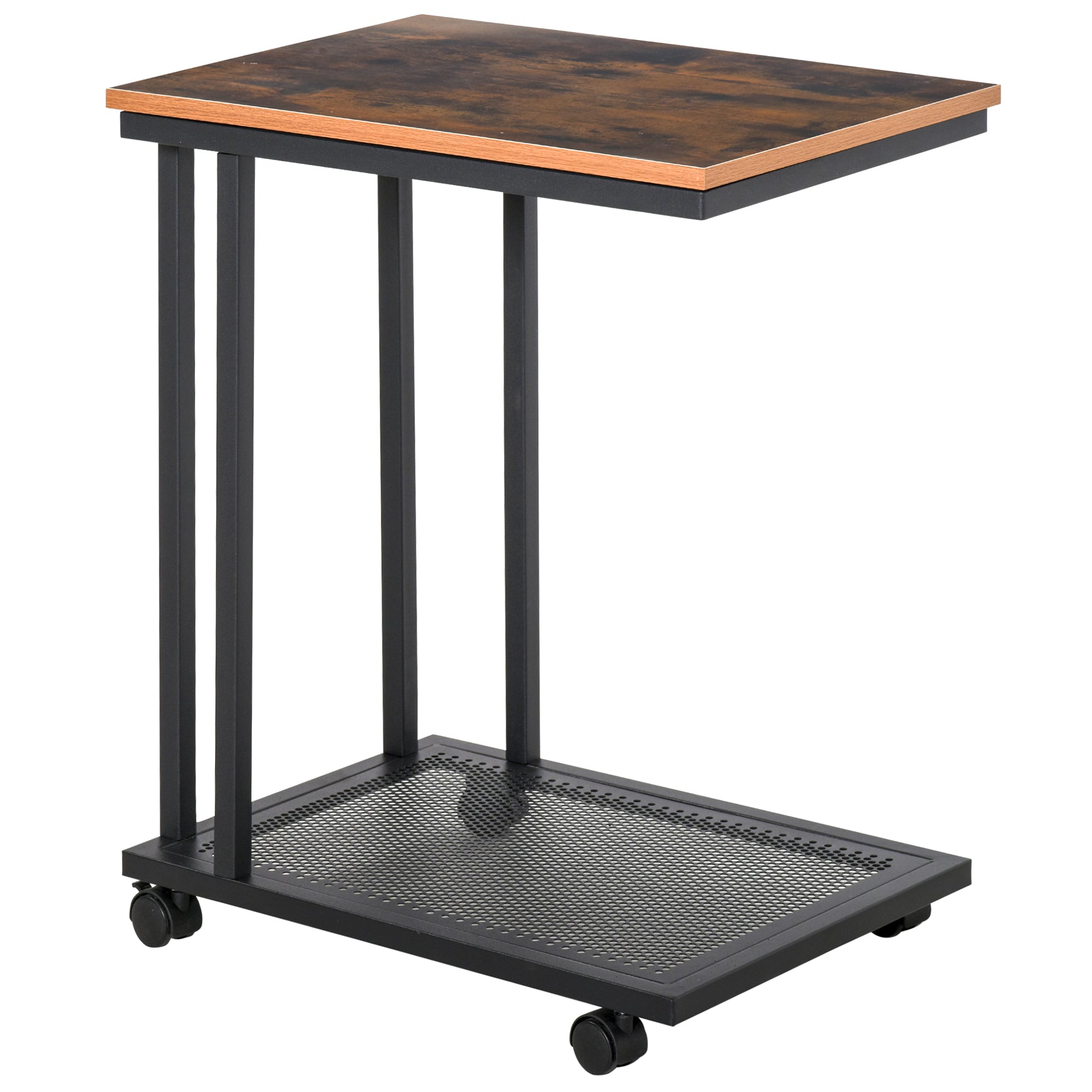 HOMCOM Beistelltisch C-Form Rollwagen Servierwagen Laptoptisch Sofatisch Beistelltisch Nachttisch Betttisch mit Metallgestell Industrie-Design Nachttisch Schwarz + Walnuss gemasert 51 x 36 x 65 cm