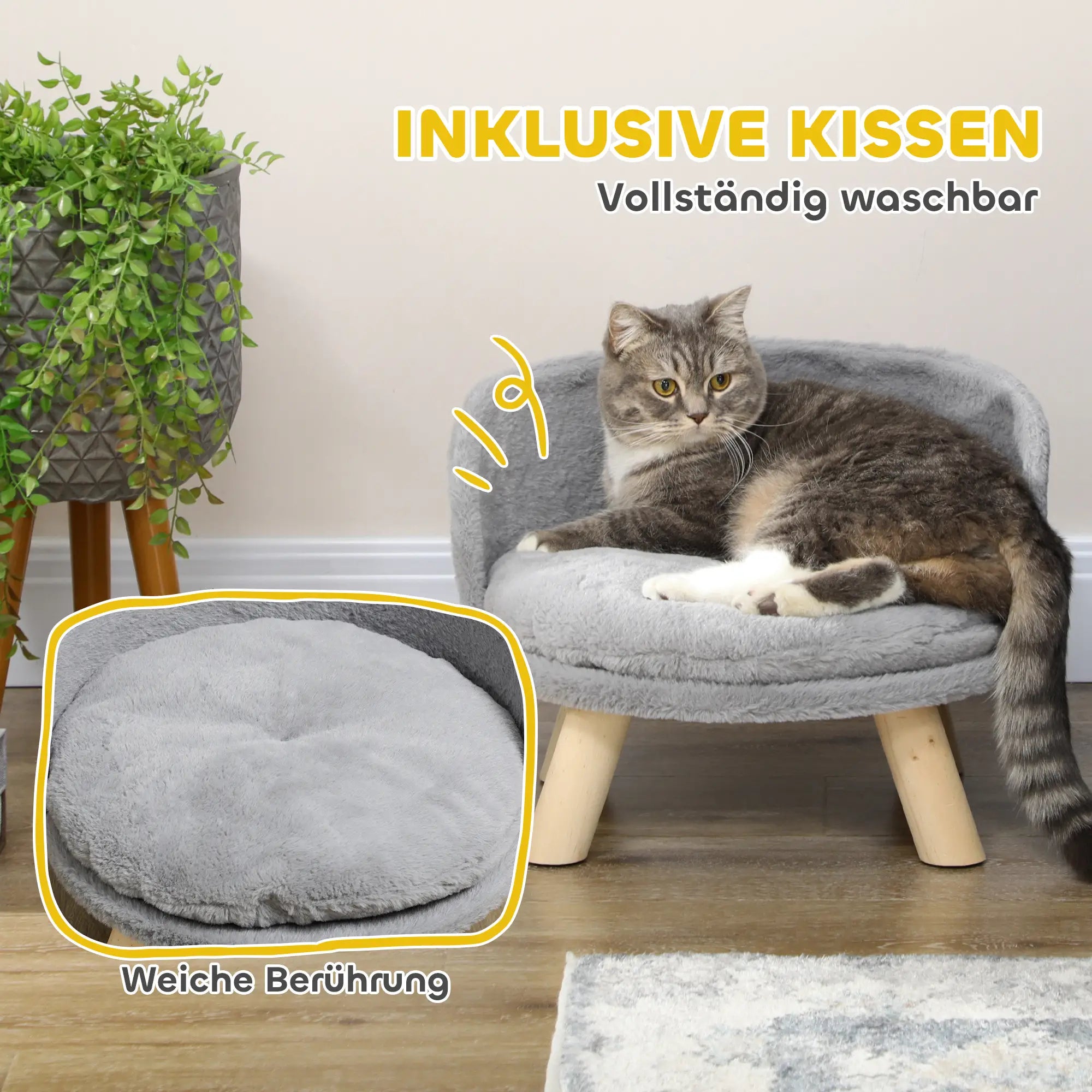 PawHut Haustierbett 40,5 × 40,5 × 33 cm – Grau mit Kissen & Holzfüßen