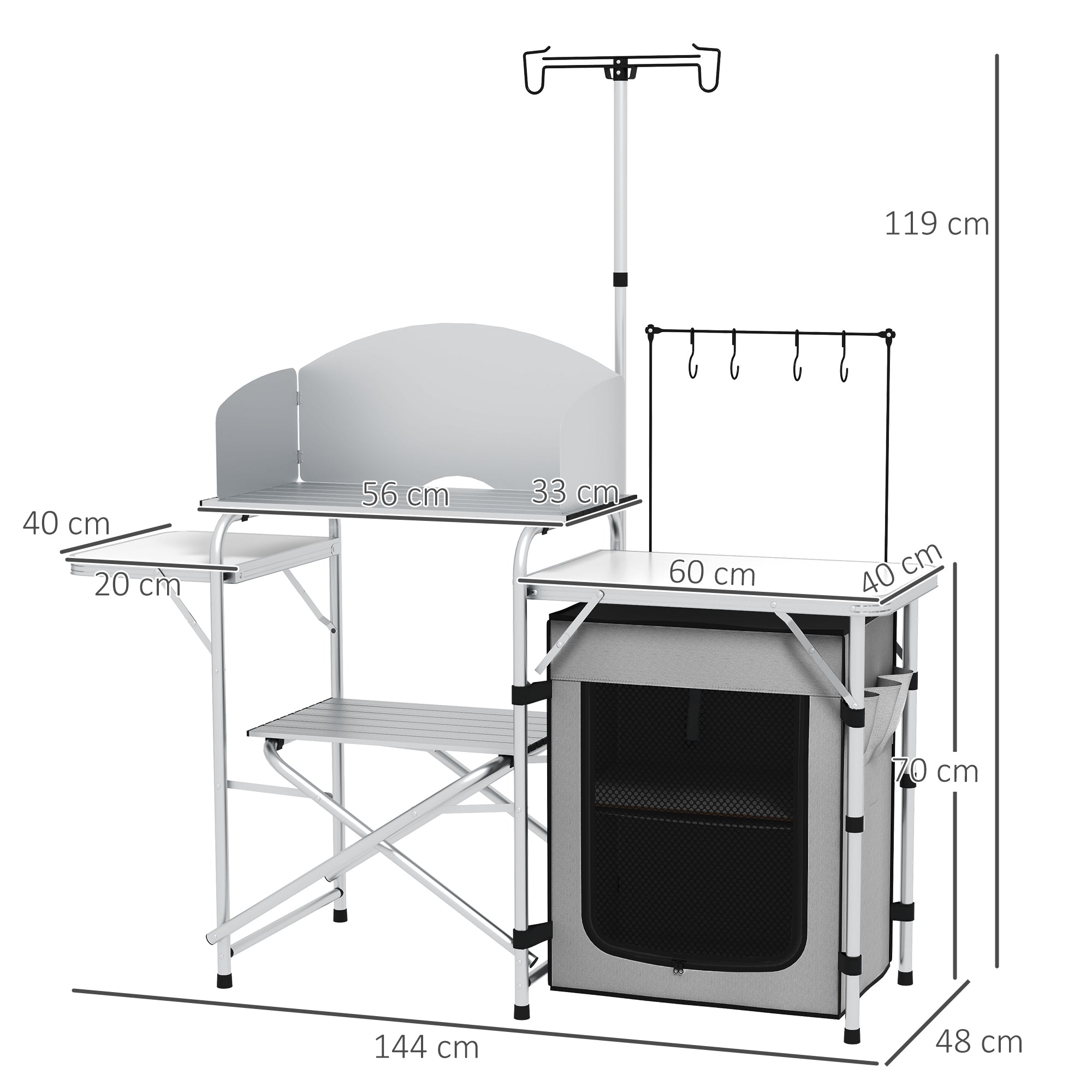 Outsunny Campingküche, faltbar, 3 Arbeitsplatten, Windschutz, Stoffschrank, 144x48x119cm, Silber