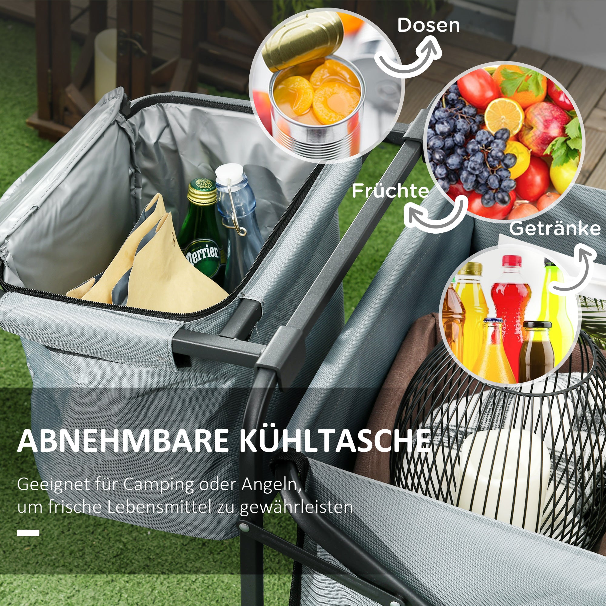 Outsunny Bollerwagen mit Kühltasche, klappbar, Stahlrahmen, bis 100 kg, 113x57x77-100 cm, Dunkelgrau