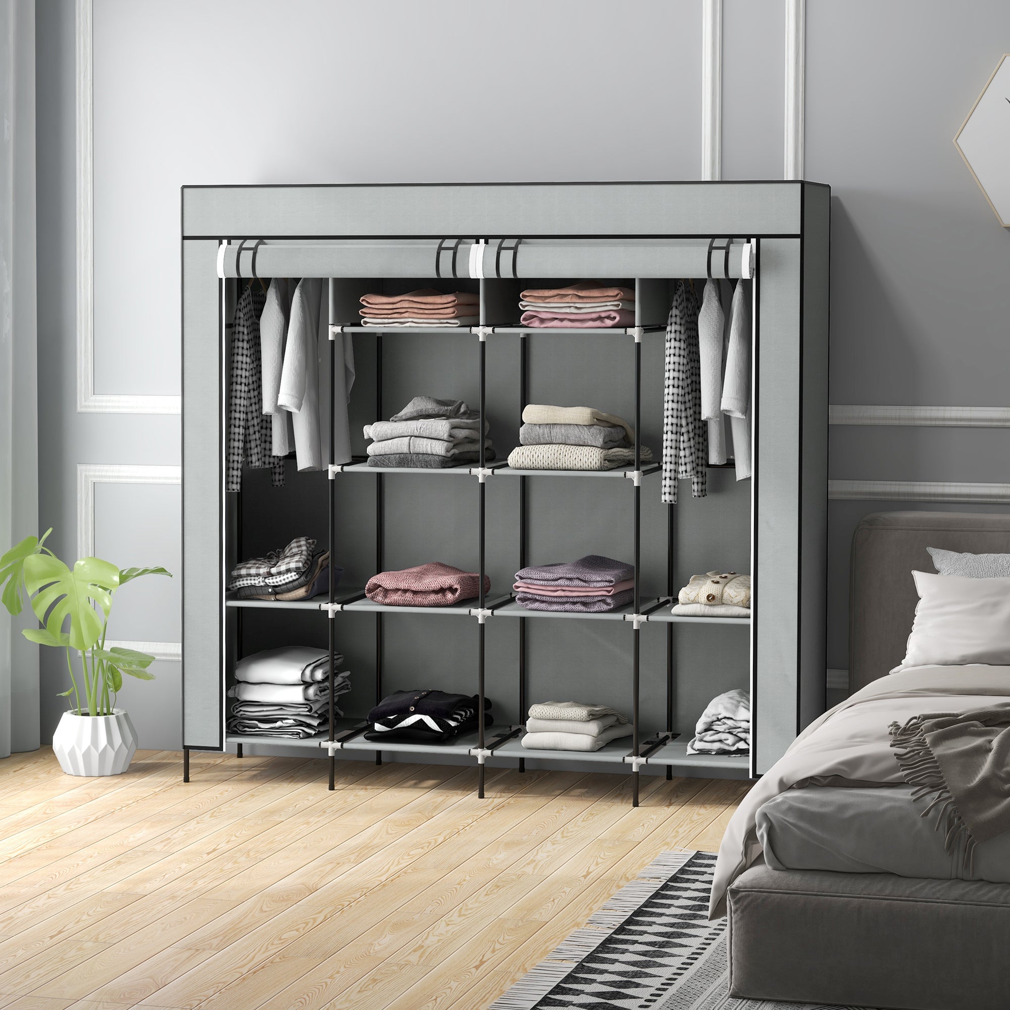 HOMCOM Kleiderschrank Stoffschrank, Türen, 2 Kleiderstangen, 10 Fächer, Grau