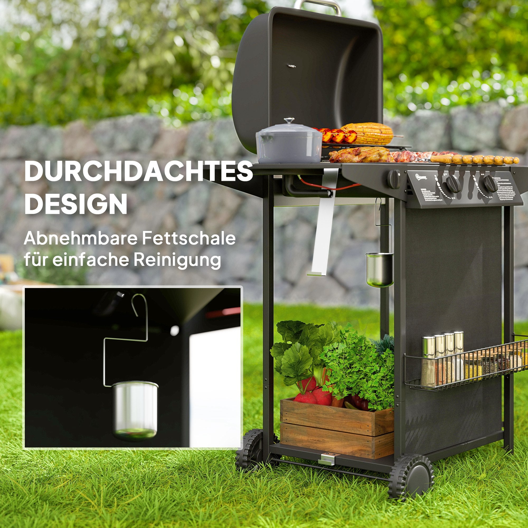 Outsunny Gasgrill 7 KW Grillwagen inkl 3 Brenner Seitenkocher Rolle Deckel 107 x 54 x 96 cm Schwarz
