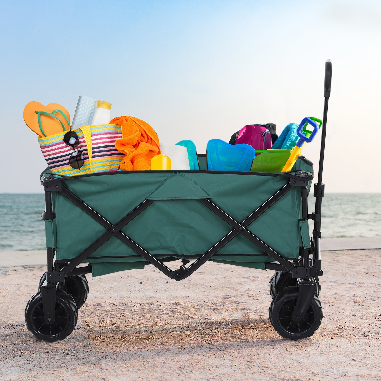 Outsunny Bollerwagen Faltbarer Handwagen 360° Gartenwagen Transportwagen mit Teleskop Griff Verstellbarer Griffhöhe Strandwagen bis 70 kg Tragkraft Metall Oxford Grün 108 x 55 x 59-89 cm