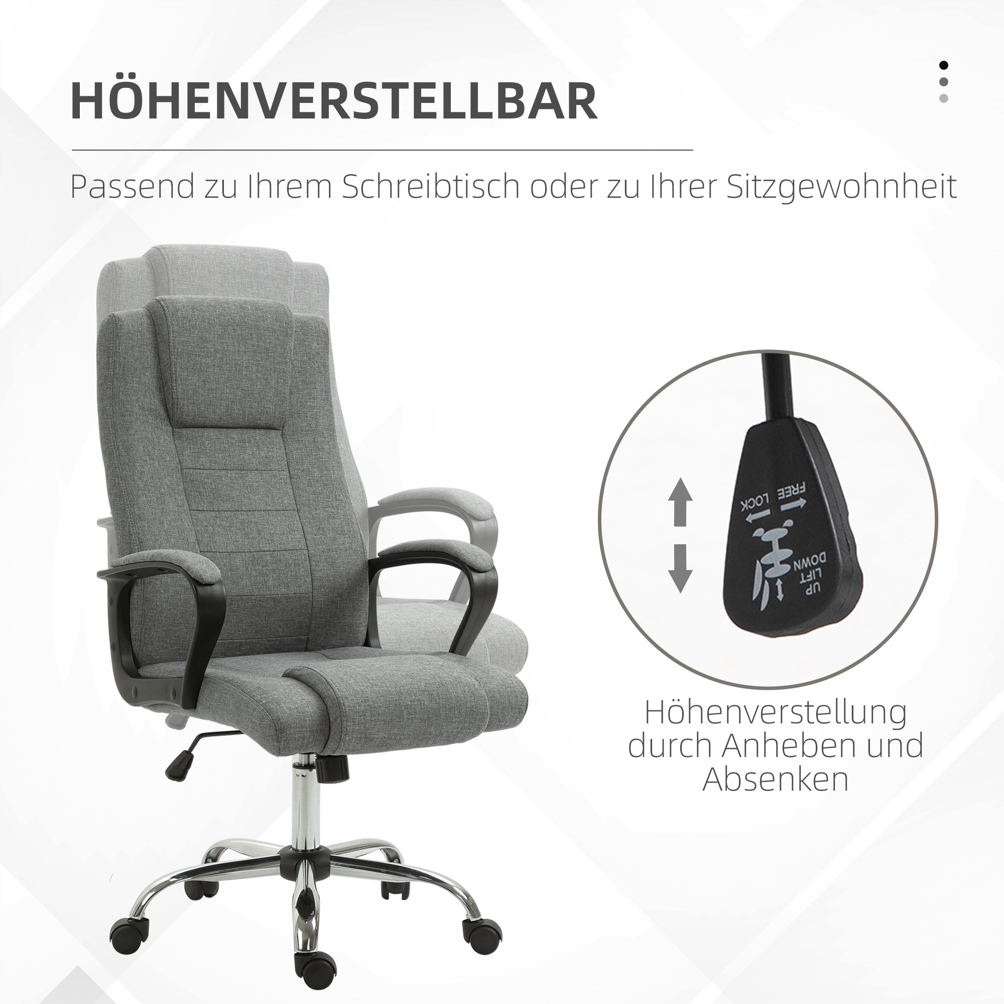 Vinsetto Bürostuhl Computerstuhl mit Wippenfunktion Kopfstütze ergonomischer Schreibtischstuhl drehbar höhenverstellbar Leinen-Touch Grau  62 x 76 x 110-119 cm