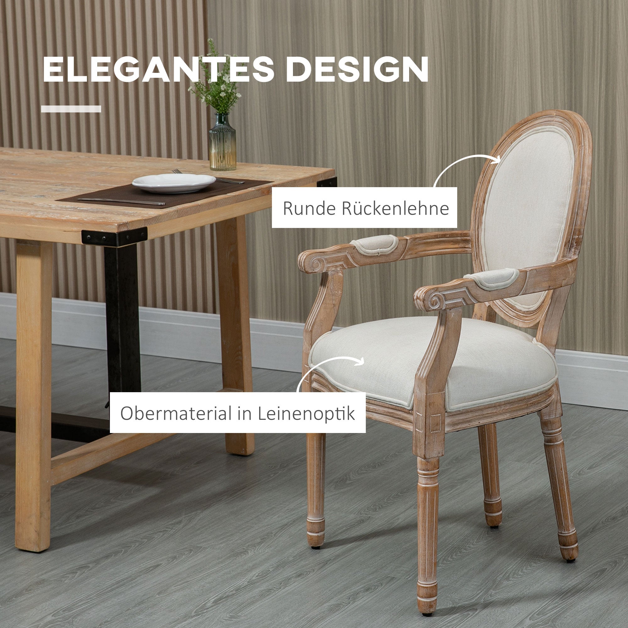 HOMCOM Küchenstuhl im Antik-Design, atmungsaktiver Bezug, Leinenoptik, Massivholzrahmen, 56 x 54 x 96cm, cremeweiß