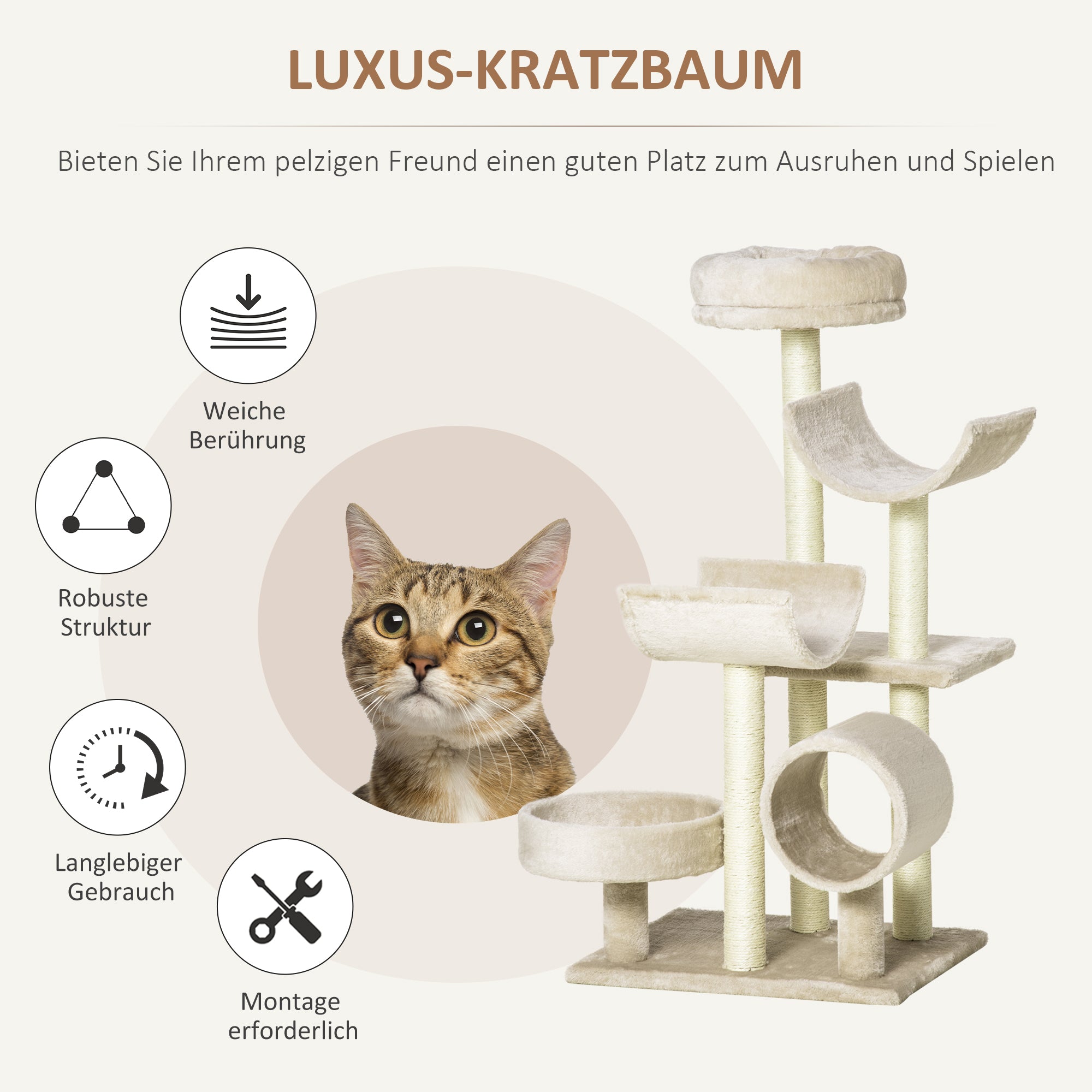 PawHut Katzenbaum Katzenkratzbaum Katzen Kletterbaum Kratzbaum Spielzeug Tunnel Beige L50 x B40 x H105 cm