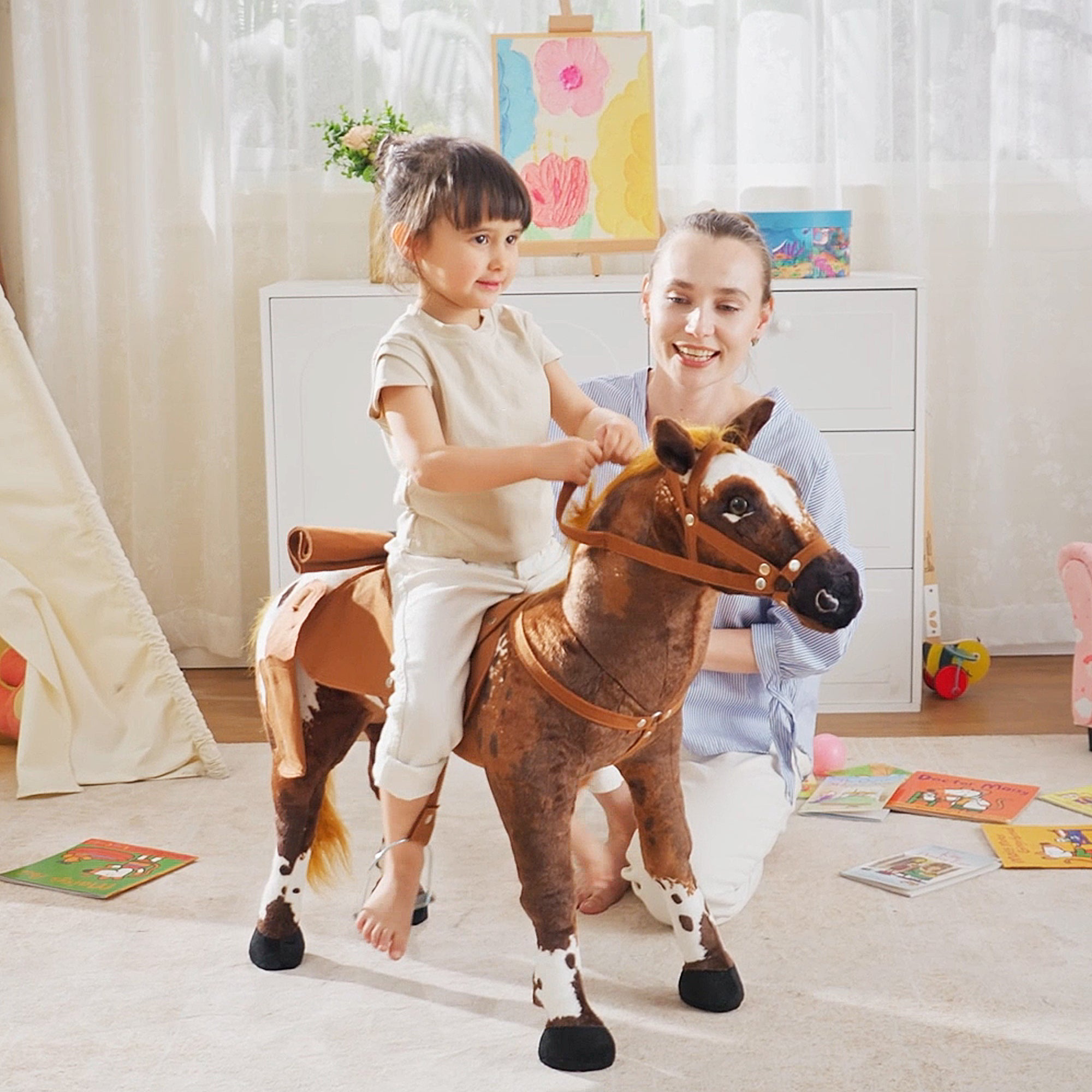 HOMCOM Spielpferd Reitpferd für Kinder ab 2 Jahren, Weiches Plüschpferd mit Sattel & Steigbügel, Pferd Spielzeug mit Geräusch, Braun