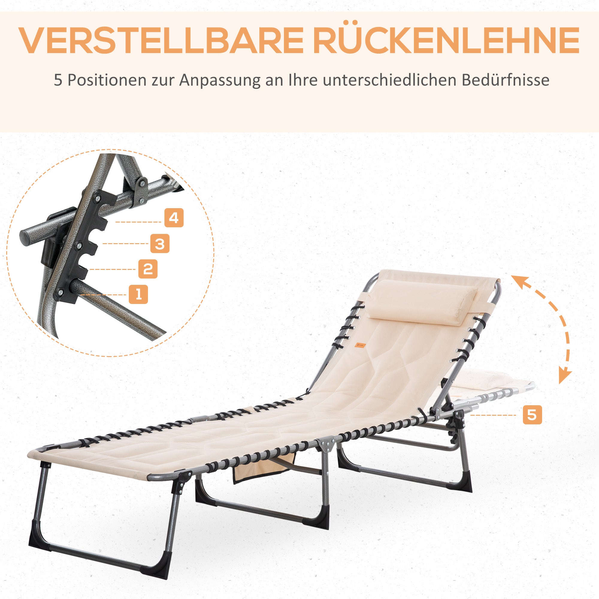 Outsunny Sonnenliege, Faltbare Gartenliege, Klappliege mit Kissen, 5-stufige Rückenlehne, Oxfordstoff, 188 x 57 x 30 cm, Beige